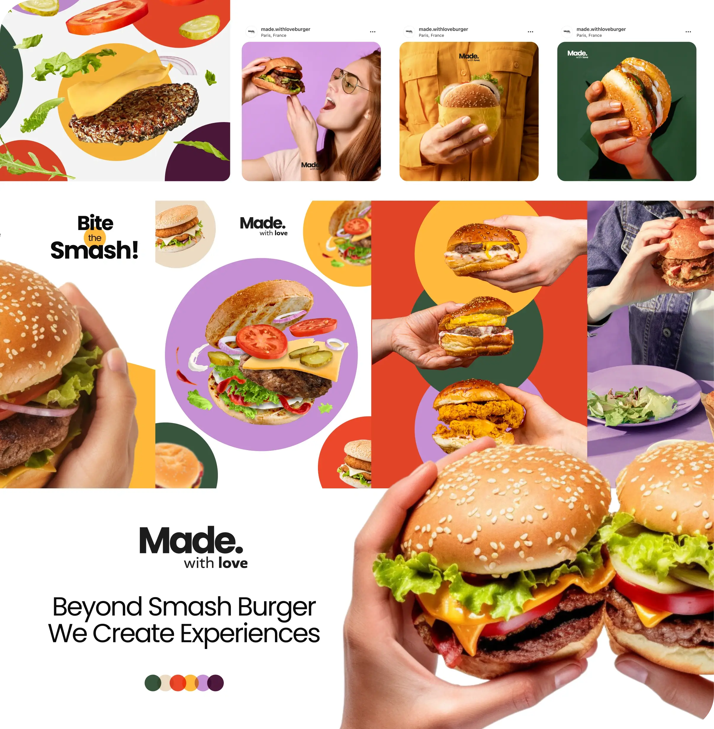 Montage de plusieurs hamburgers avec ingrédients frais, personnes les tenant et mangeant, mettant en avant la marque Made with love et le slogan Beyond Smash Burger We Create Experiences.