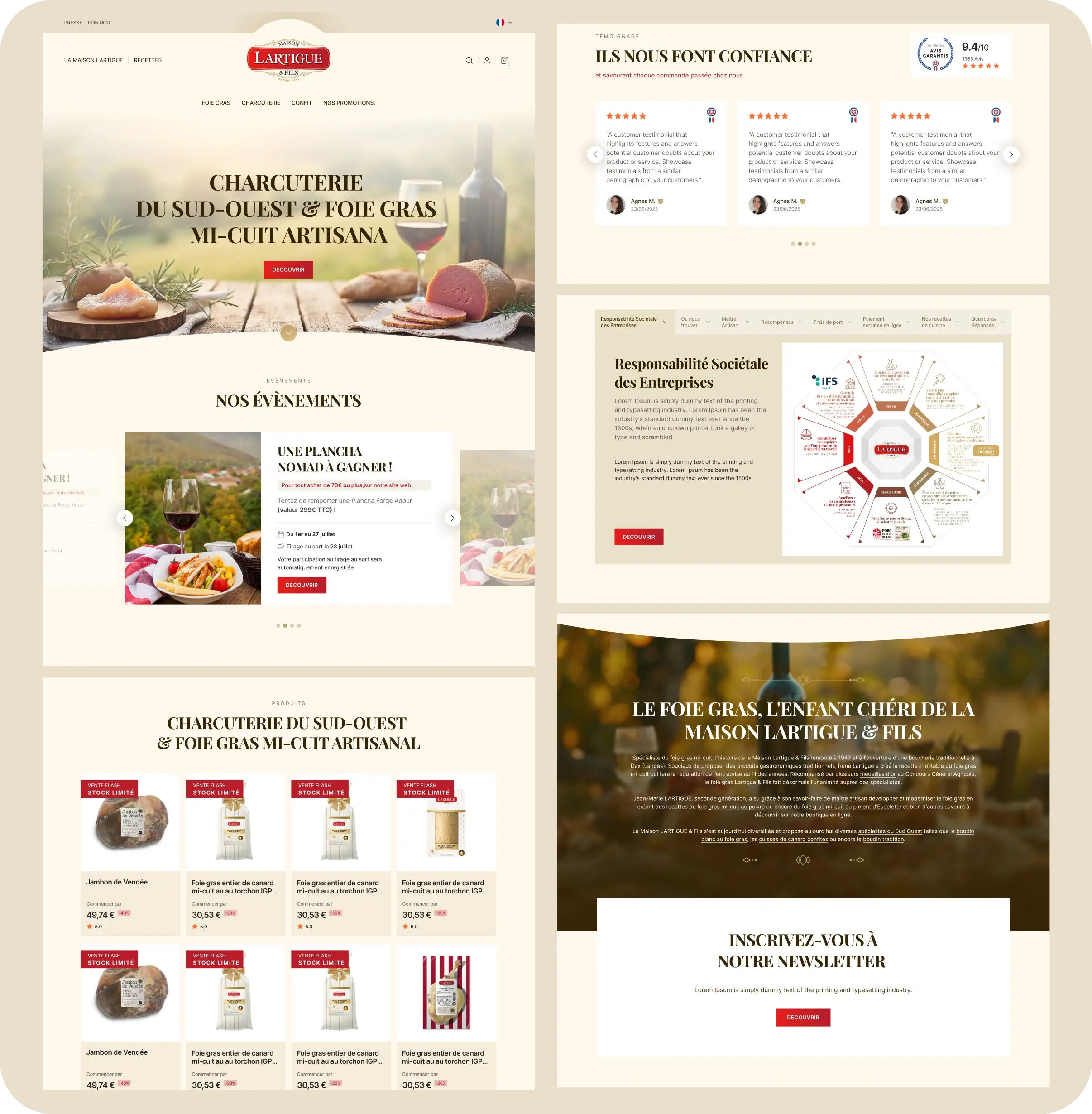 Page d'accueil de la Maison Lartigue présentant charcuterie du Sud-Ouest et foie gras mi-cuit artisanal, événements, témoignages clients, responsabilité sociétale, produits en vente flash et inscription à la newsletter.