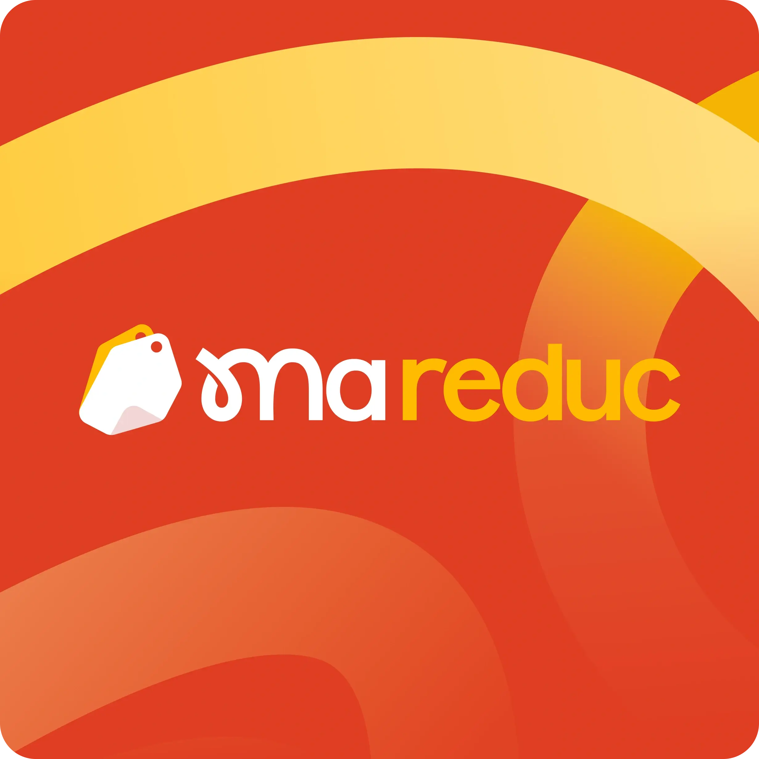 Logo Ma Reduc avec une étiquette de prix stylisée sur un fond rouge avec des formes jaunes et orange.