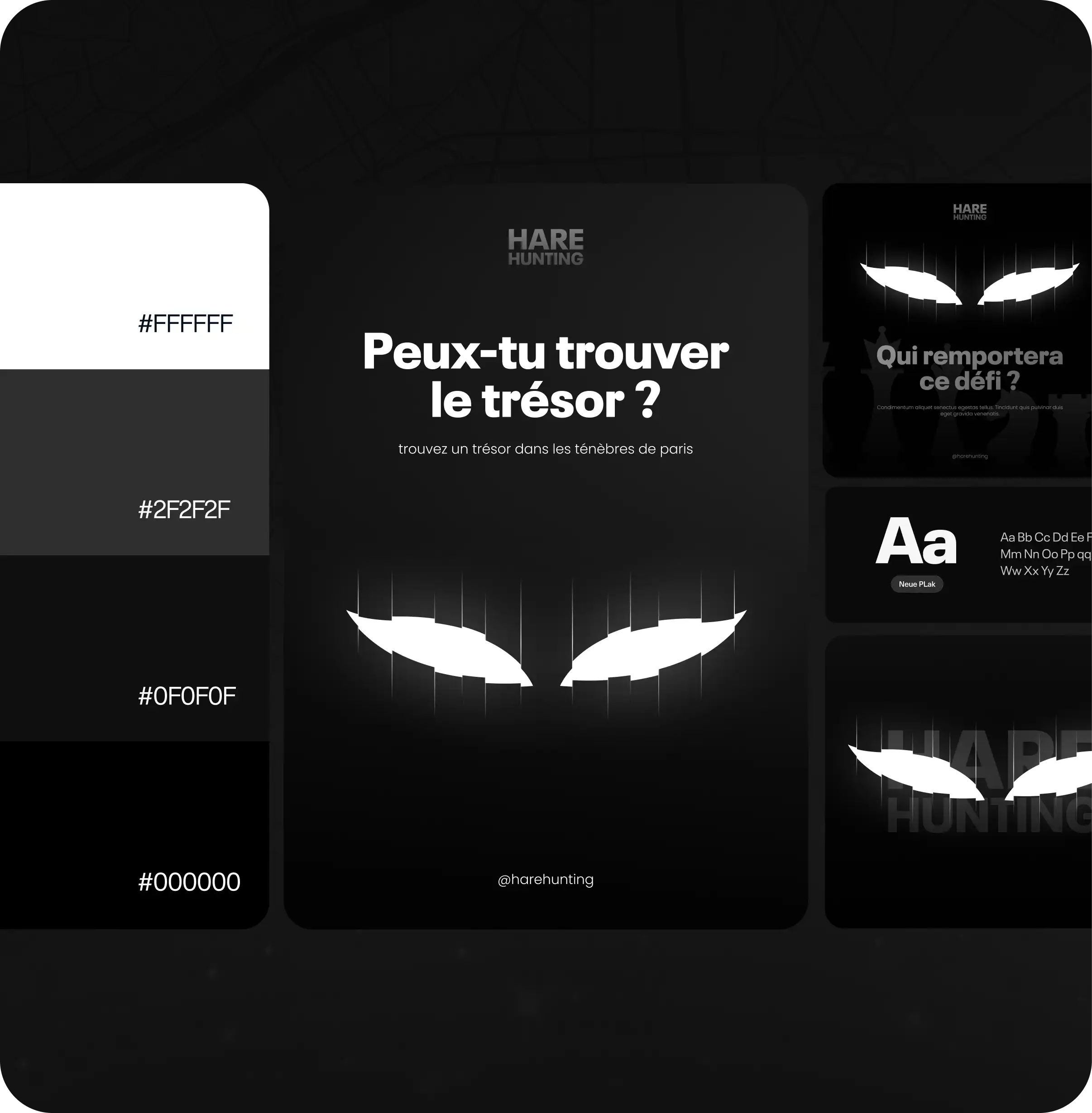 Palette de couleurs et éléments de design pour 'Hare Hunting' avec texte français invitant à trouver un trésor dans les ténèbres de Paris, deux yeux blancs stylisés sur fond noir.