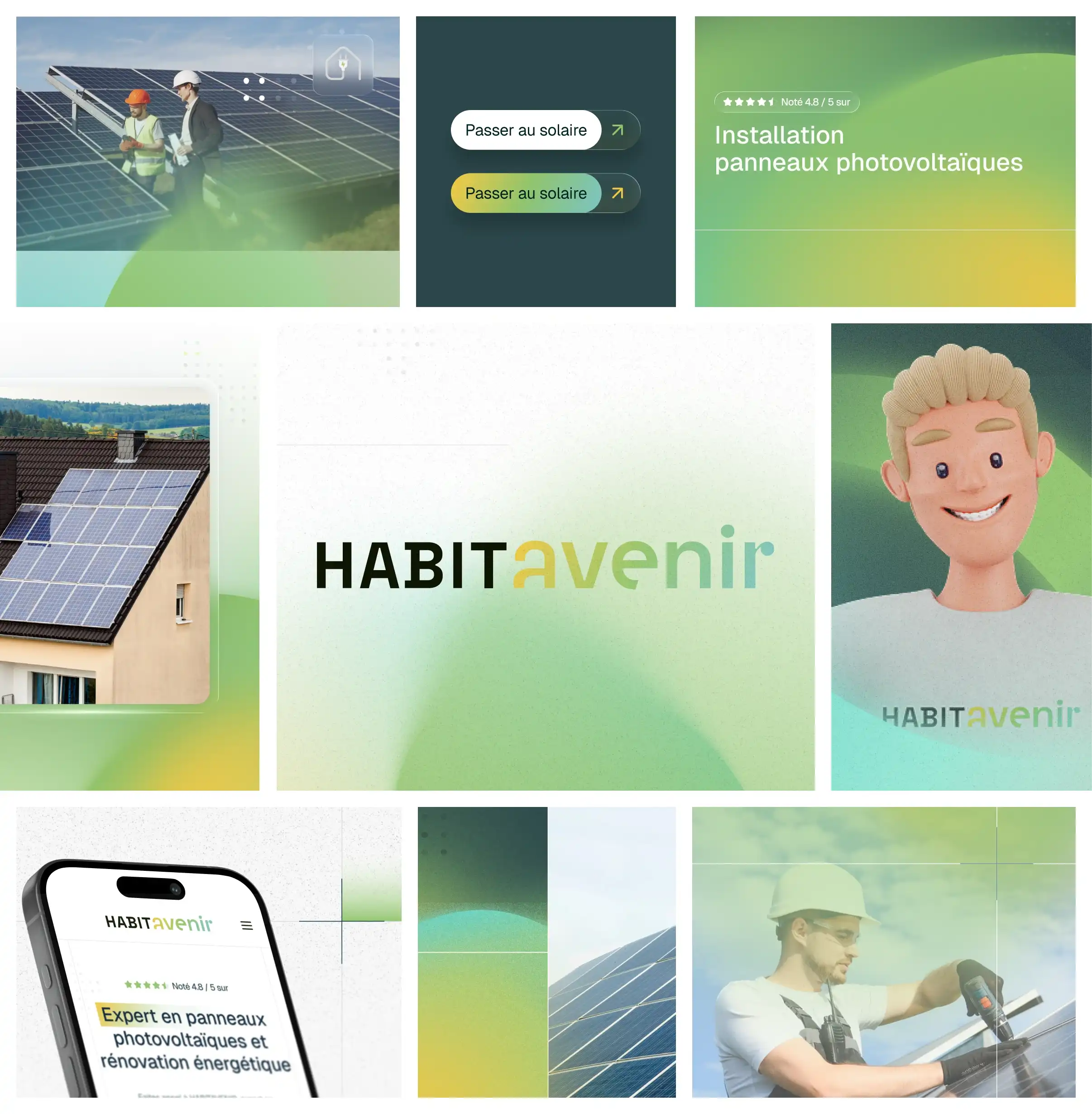 Montage montrant des panneaux solaires sur un toit, un logo HABITavenir, un travailleur avec casque, et une interface mobile avec texte sur les panneaux photovoltaïques.