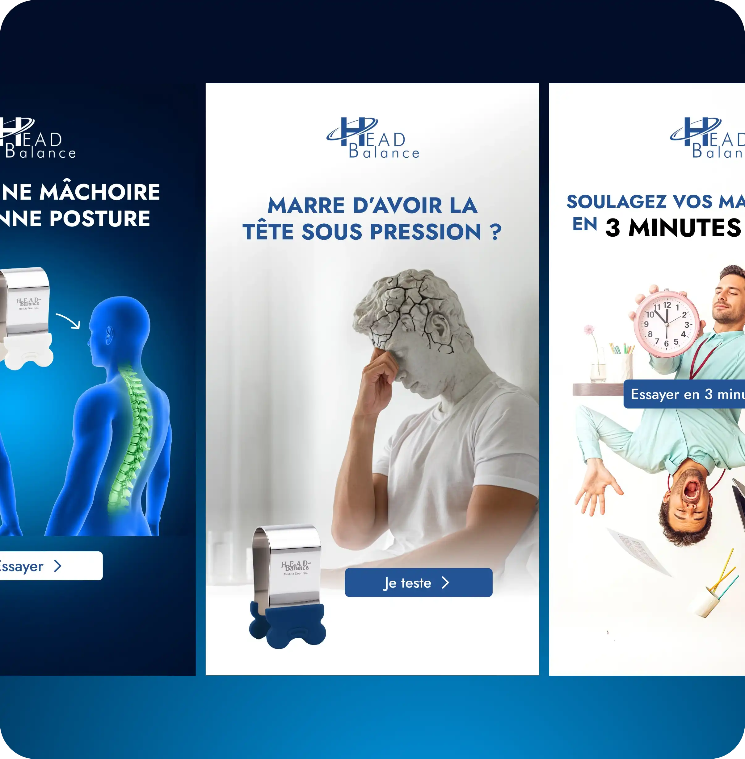 Publicité Head Balance montrant trois scénarios : une silhouette bleue avec une colonne vertébrale verte, une personne avec une tête en statue fissurée tenant sa tempe, et un homme stressé tenant une horloge, promouvant un soulagement rapide en 3 minutes.
