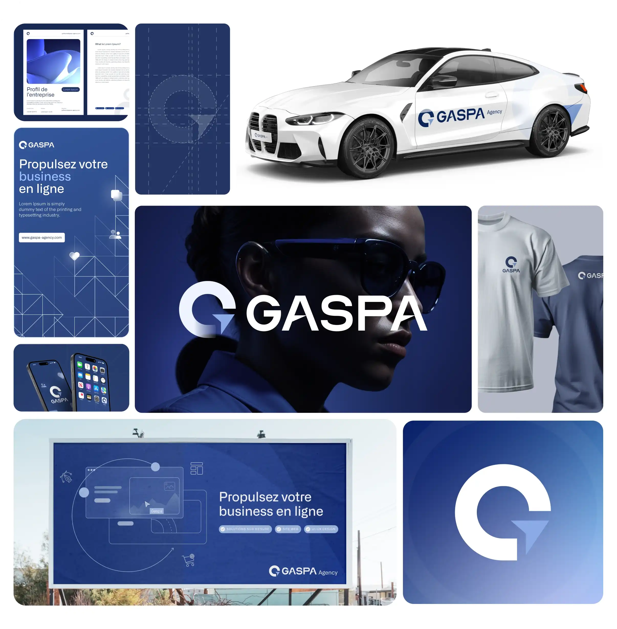 Identité visuelle de GASPA avec logo bleu et blanc, exemples sur voiture, t-shirts, smartphone, panneau publicitaire et portrait stylisé.