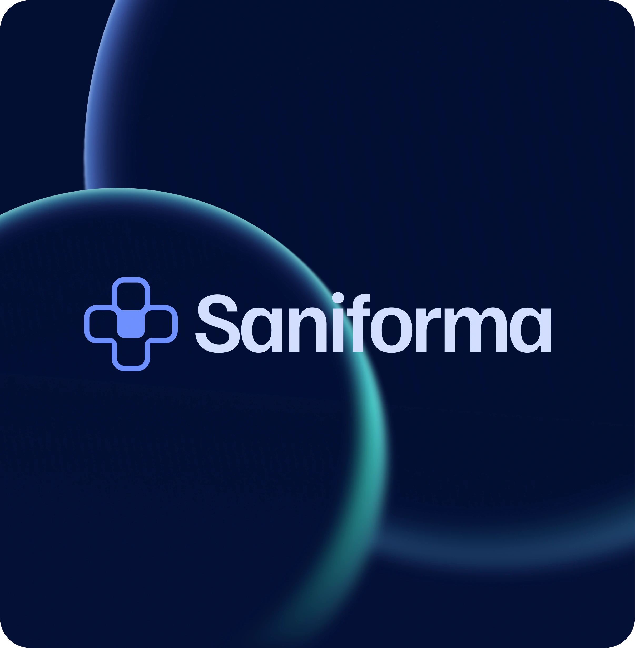 Logo bleu de Saniforma avec un symbole en forme de croix sur fond bleu foncé avec des cercles lumineux.