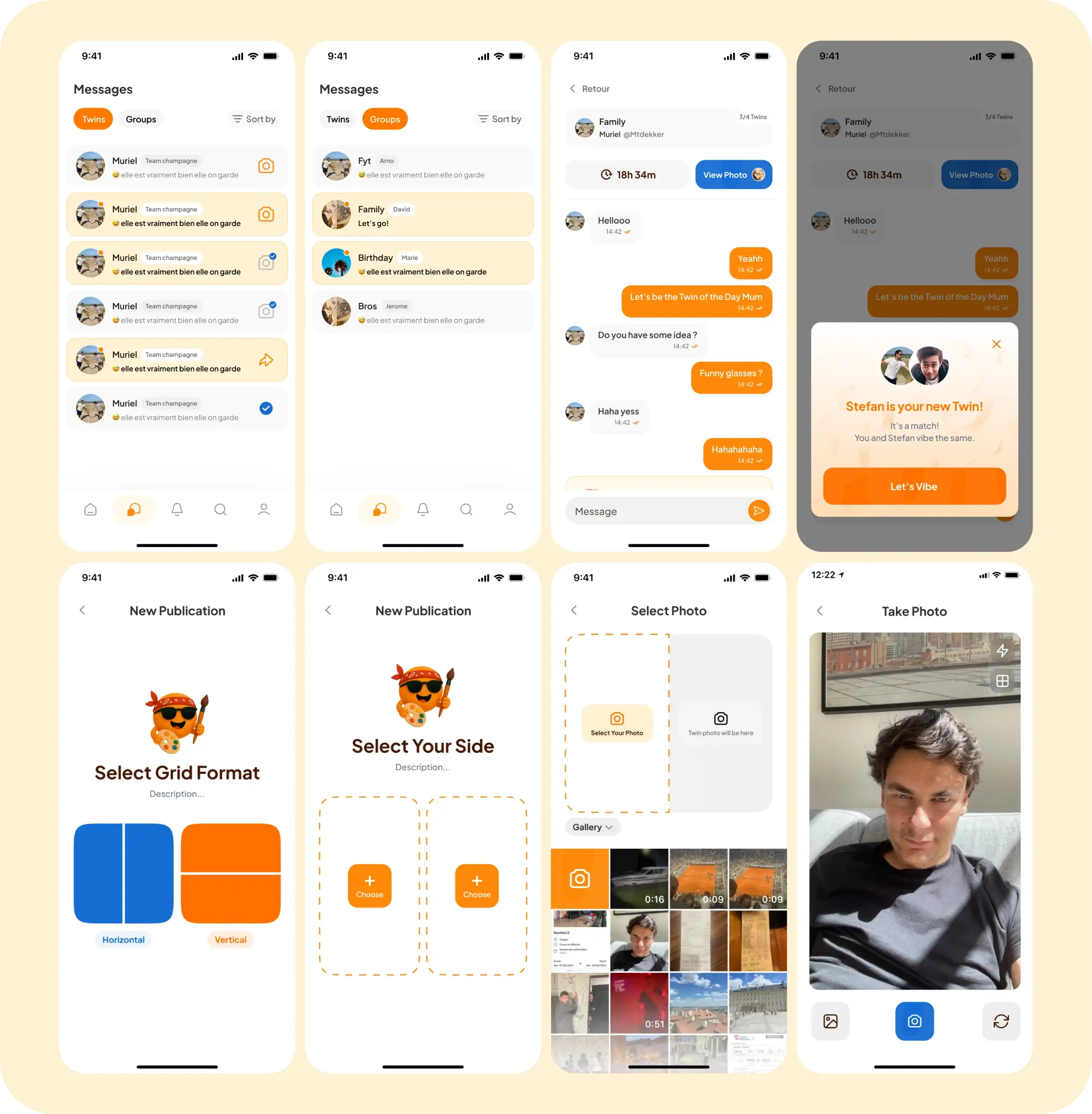 Interface of a messaging and photo selection app showing chat screens, new publication with grid format and side selection, photo gallery, and taking a selfie with a man indoors.