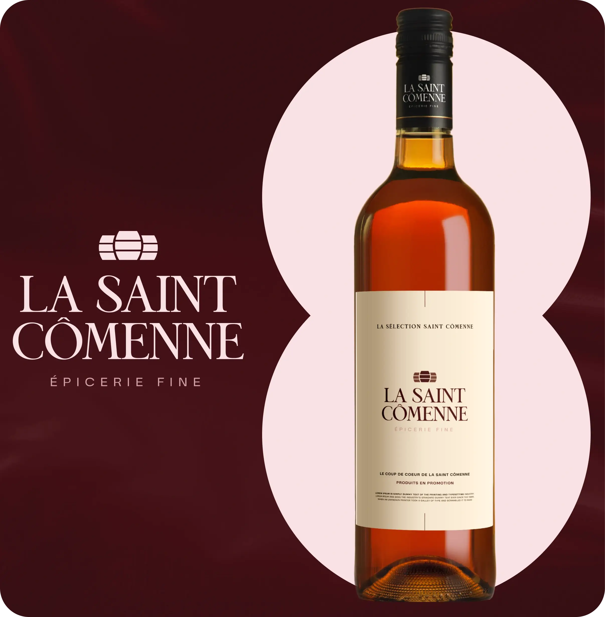 Bouteille d'épicerie fine La Saint Cômenne avec étiquette crème sur fond bordeaux et cercle rose pâle.