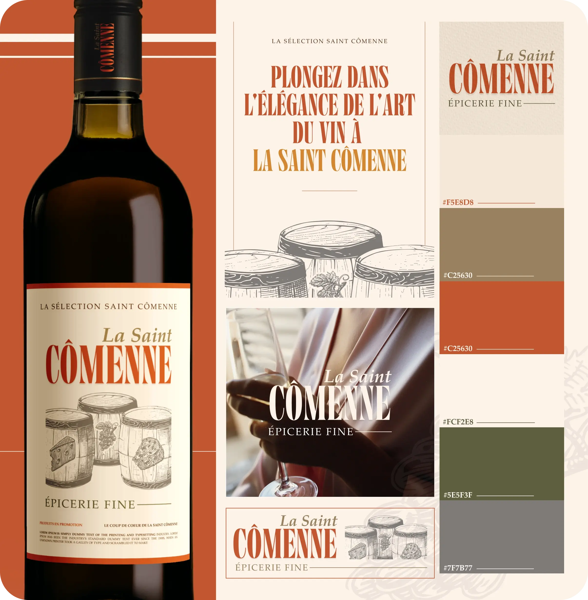 Bouteille de vin La Saint Cômenne avec étiquette illustrée de tonneaux et texte sur l'élégance de l'art du vin, accompagnée d'échantillons de couleurs de marque.