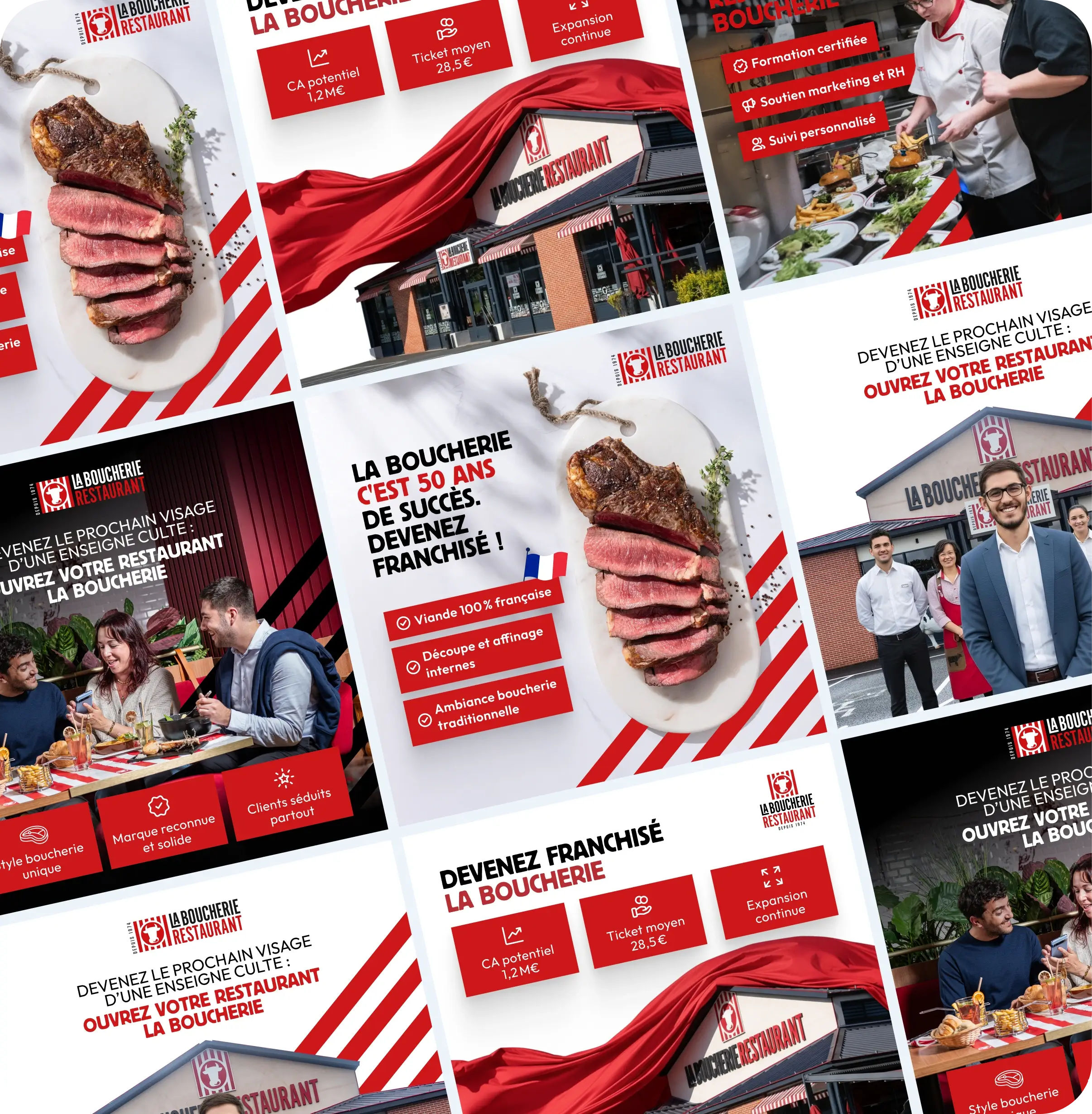 Collage promotionnel de La Boucherie Restaurant montrant des steaks tranchés, le restaurant, des clients heureux en train de manger, et des informations sur la franchise.