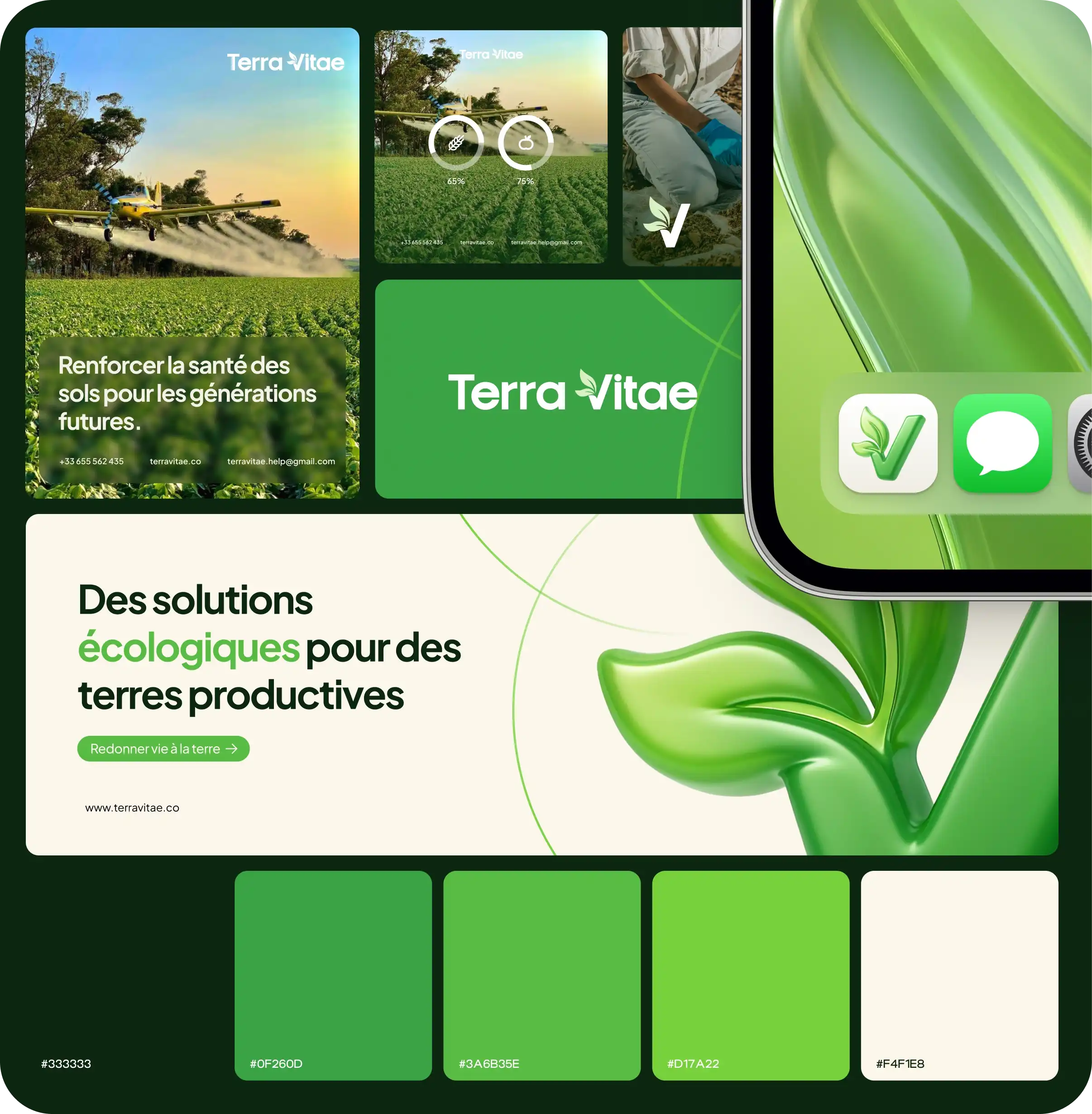 Présentation de la marque Terra Vitae avec images d'un avion agricole au-dessus d'un champ, un agriculteur en gants bleus, logo Terra Vitae, slogan « Des solutions écologiques pour des terres productives » et une palette de couleurs verte et beige.
