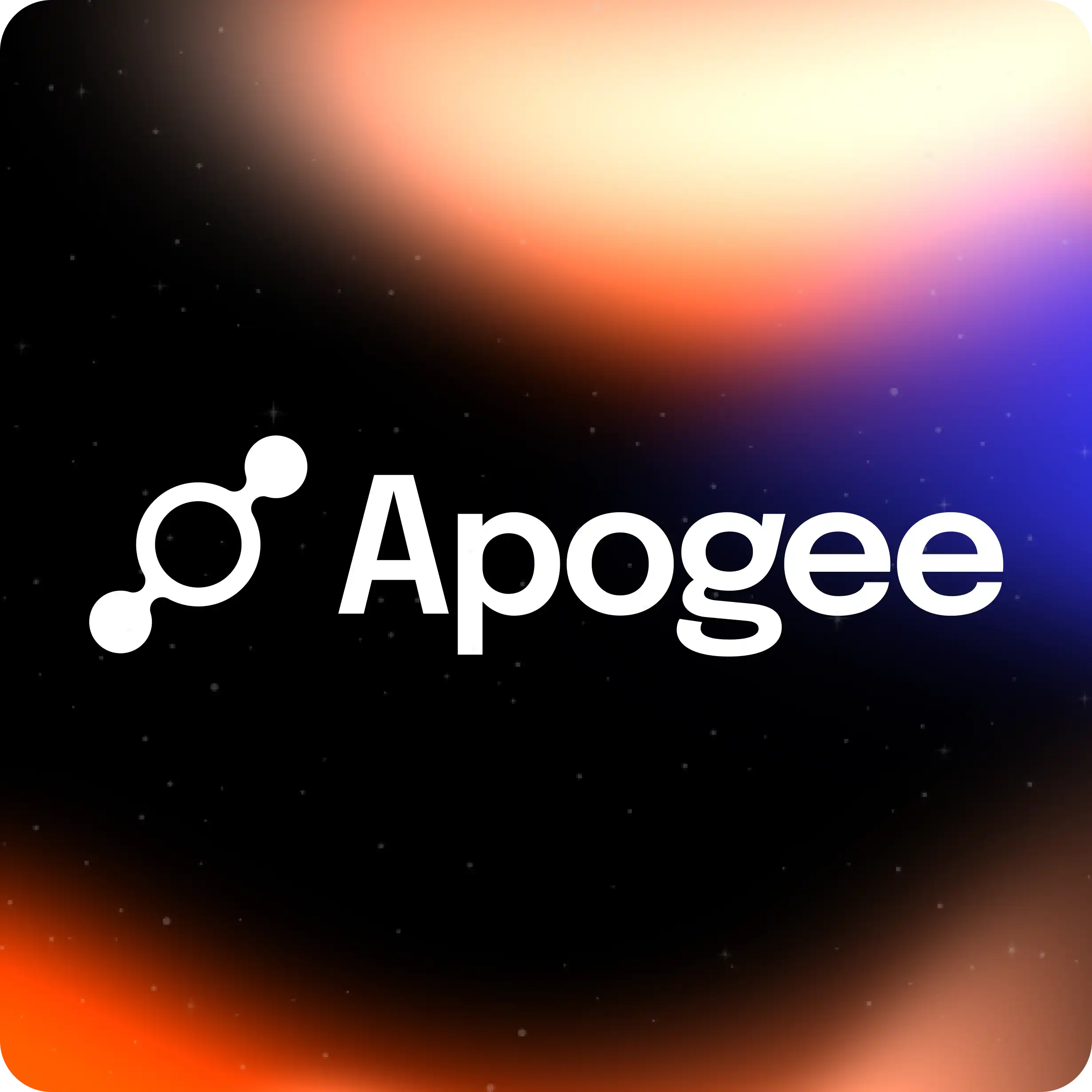 Logo Apogee en blanc avec un fond dégradé sombre aux nuances orange, violet et bleu.