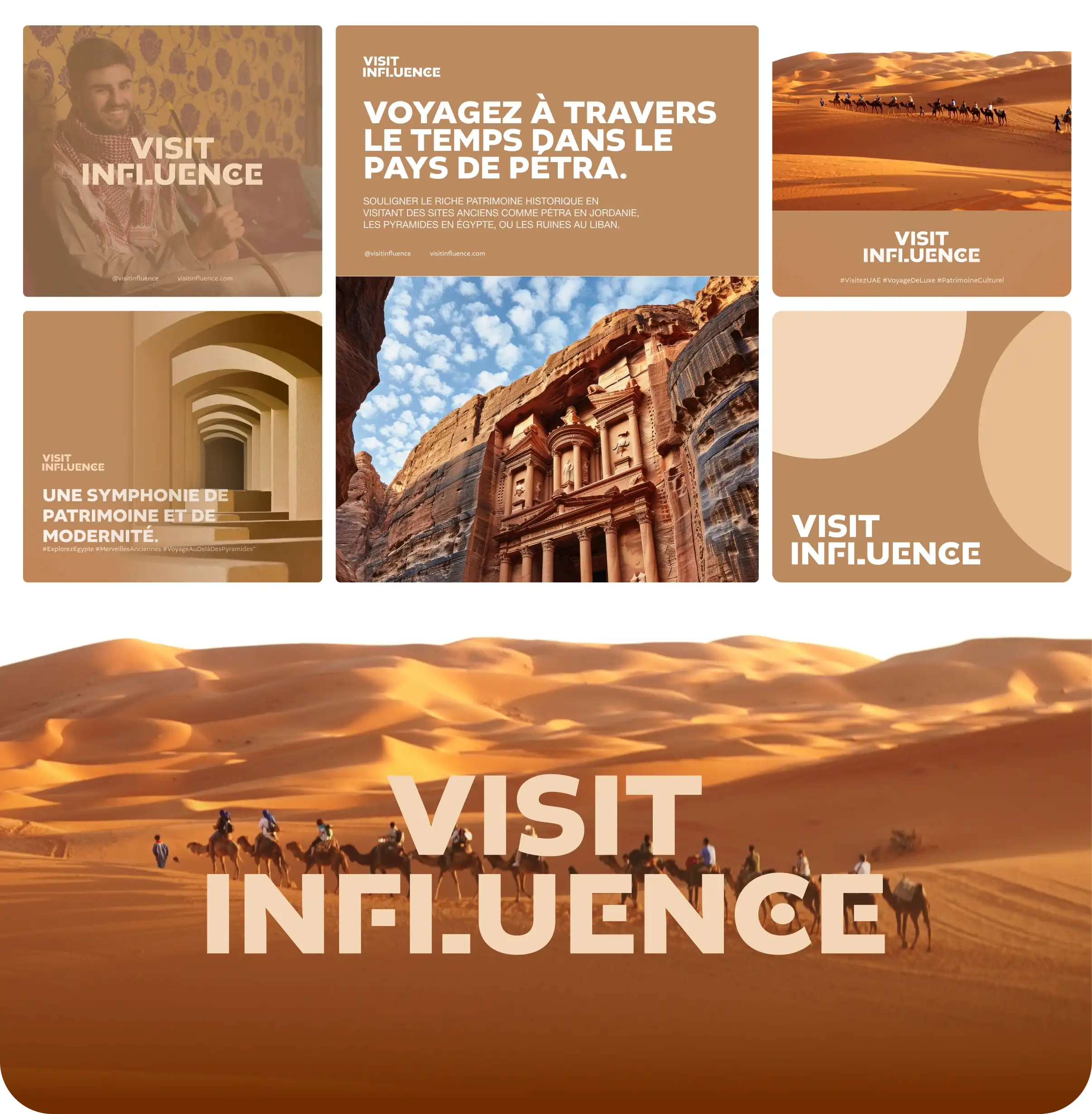 Collage présentant des images culturelles et désertiques, y compris des chameaux dans le désert, un homme avec un châle, des ruines de Petra, et des architectures historiques avec le texte Visit Influence.