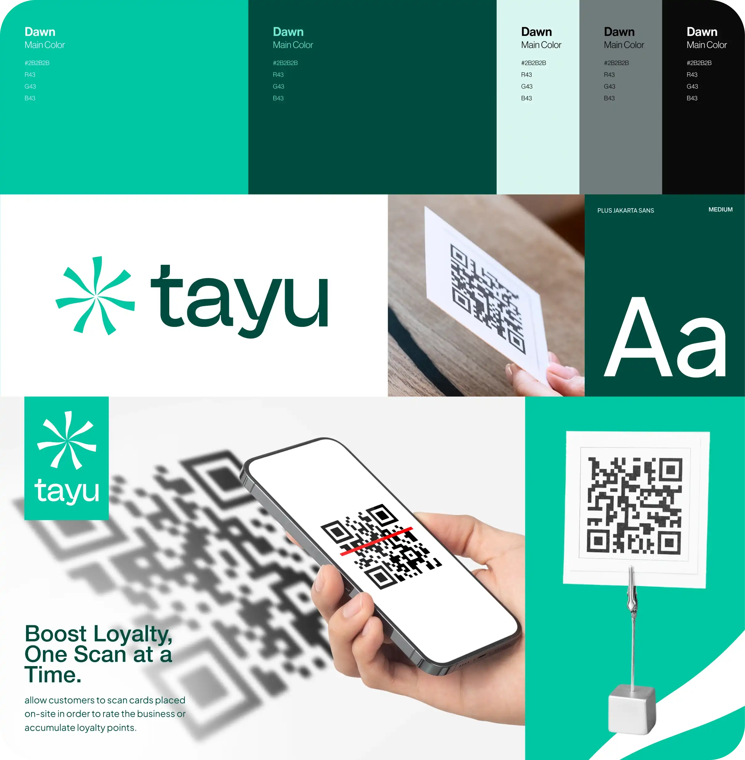 Palette de couleurs Dawn, logo Tayu, style de police Plus Jakarta Sans, et images de QR codes scannés avec un smartphone et sur support.