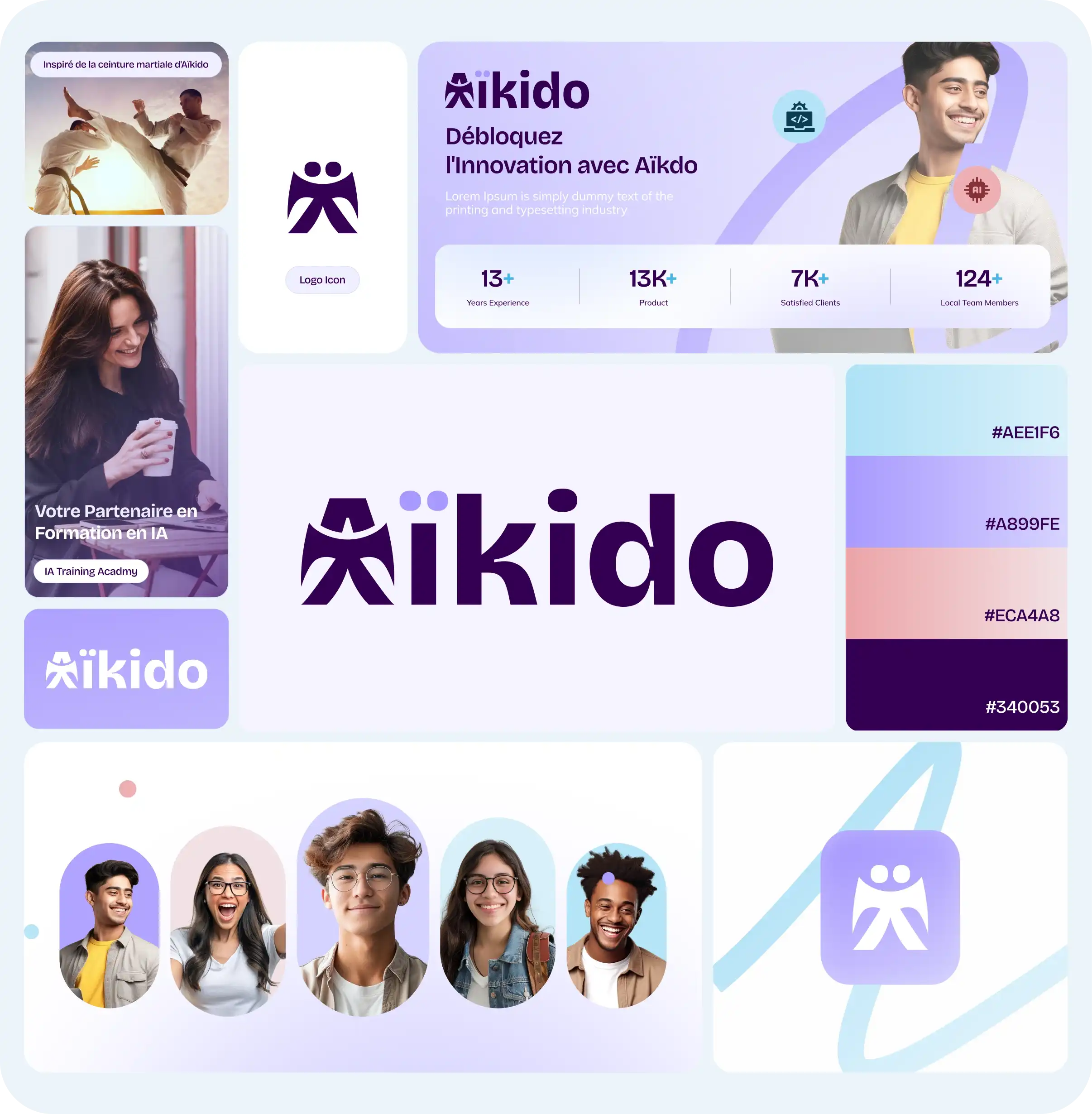 Présentation de la marque Aïkido avec logo inspiré de la ceinture martiale d'Aïkido, palette de couleurs, photos de jeunes souriants, et statistiques d'expérience, produit, clients satisfaits et membres de l'équipe.