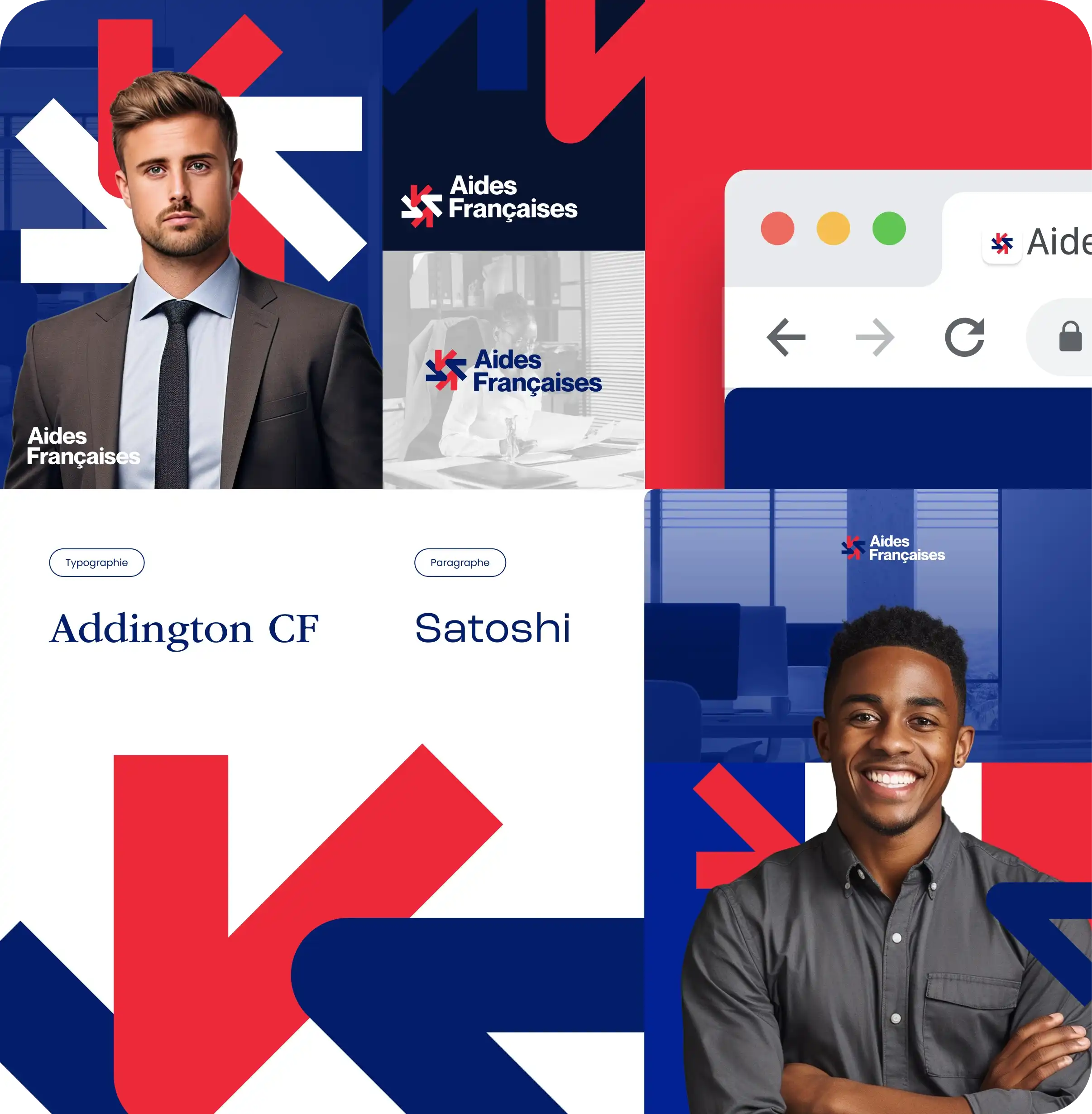 Composition branding Aides Françaises avec photos de deux hommes souriants en tenue professionnelle, logos rouges et bleus, et palettes de typographie Addington CF et Satoshi.