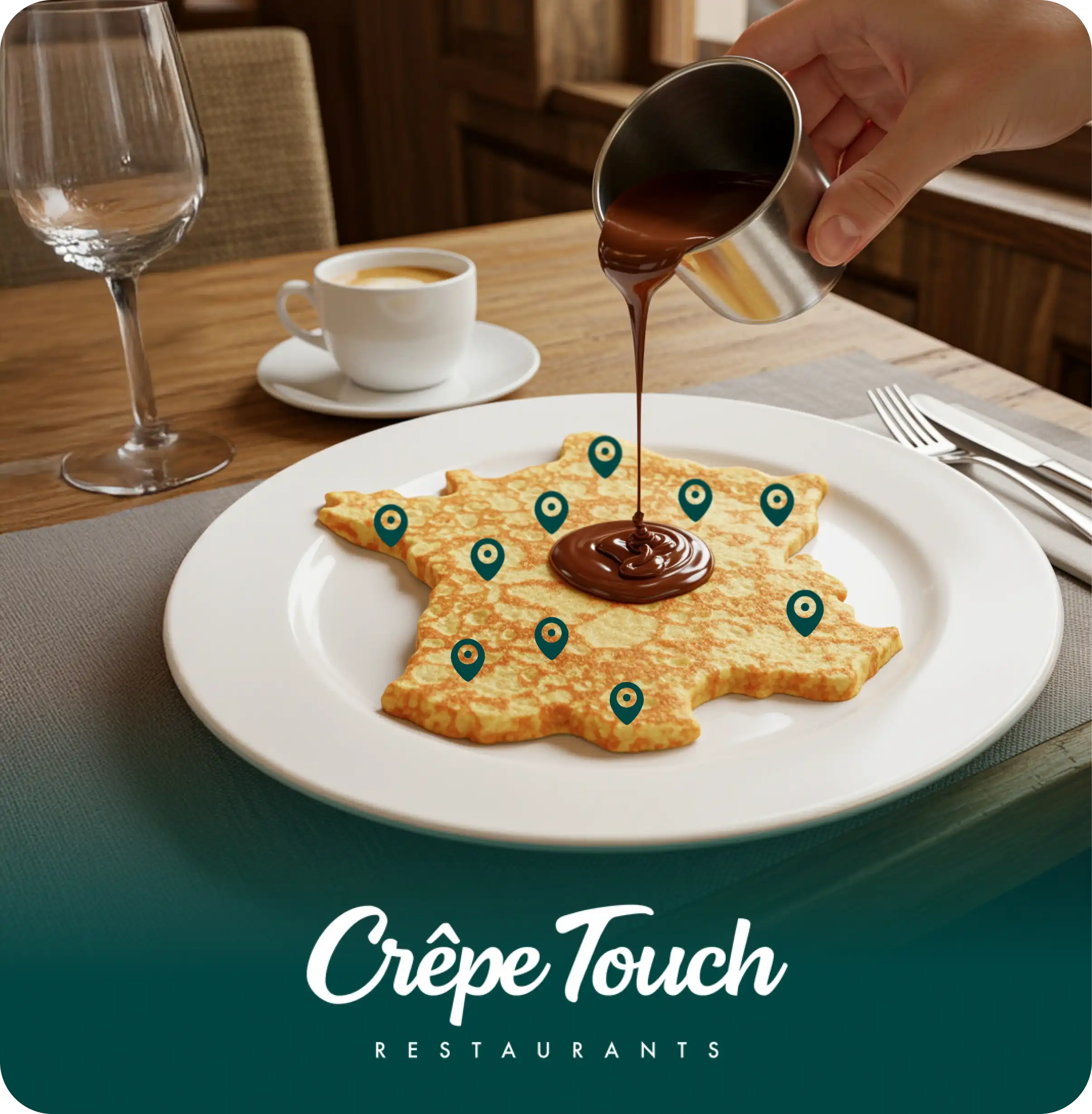 Une crêpe en forme de carte de France avec plusieurs icônes de localisation, du chocolat chaud est versé dessus à côté d'une tasse de café et d'un verre vide sur une table en bois.