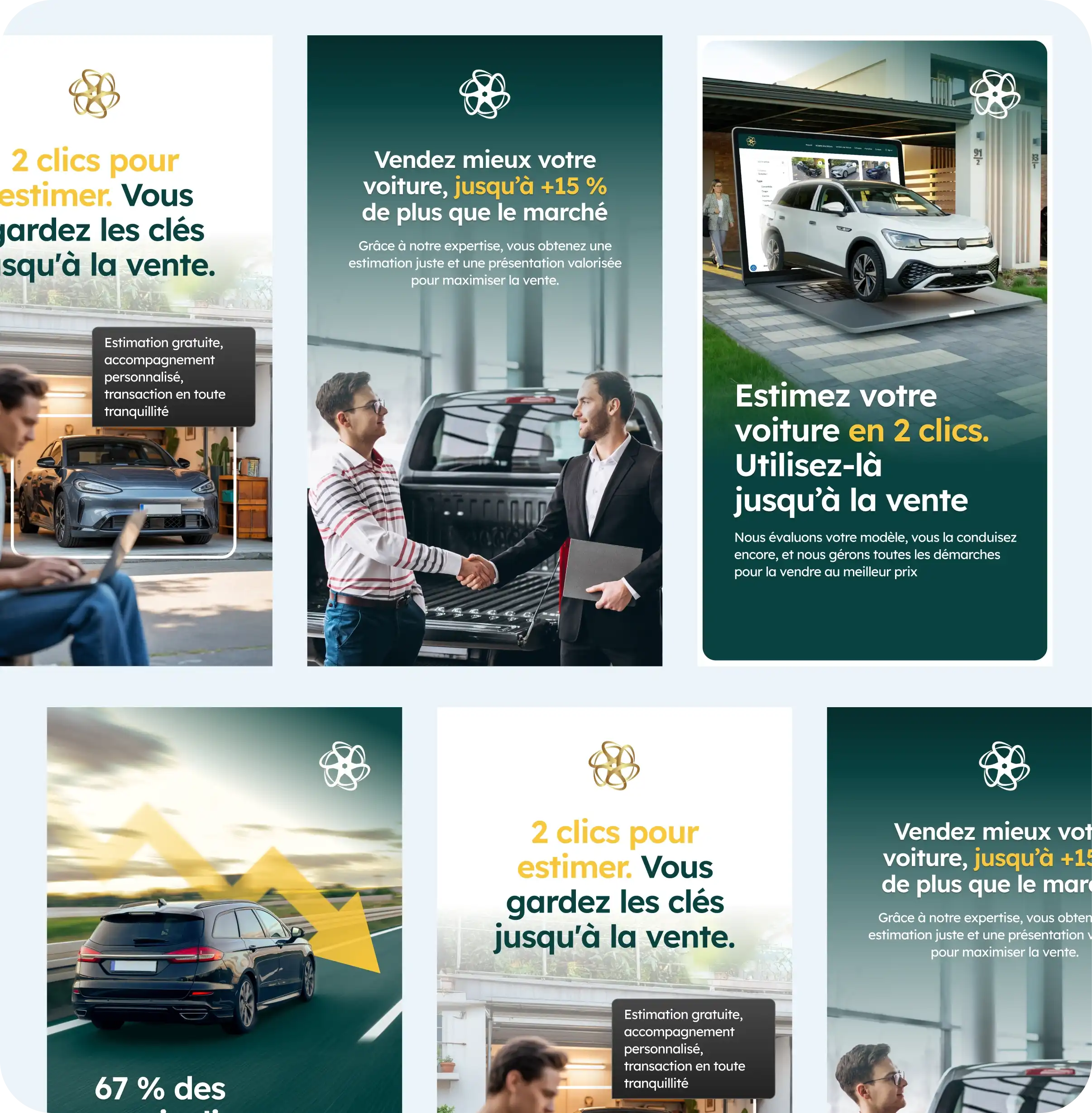 Publicités pour estimation et vente de voitures, montrant des personnes, une voiture électrique blanche, un homme et un acheteur se serrant la main, et une voiture noire avec une flèche jaune vers le bas.