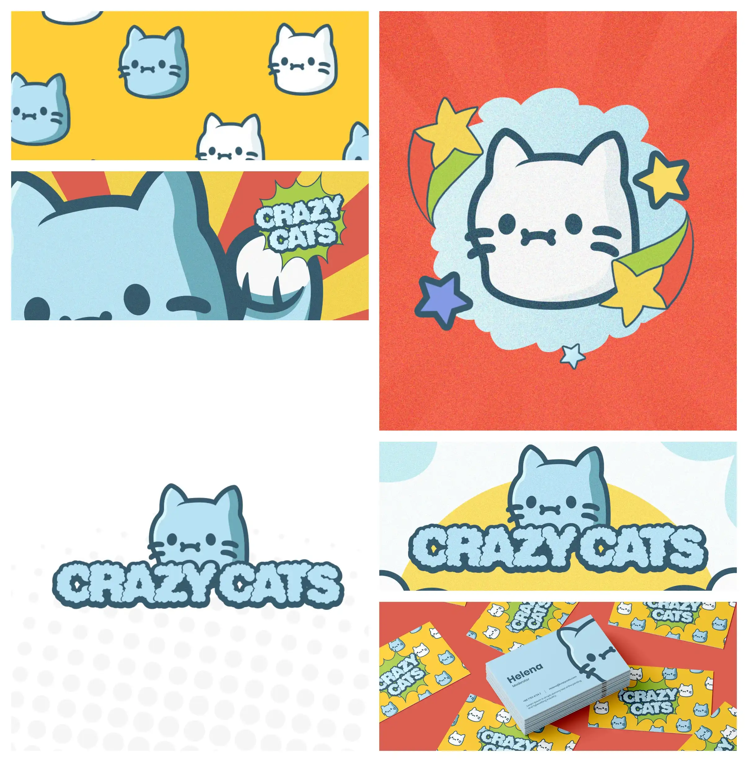 Collage de dessins et de motifs représentant des têtes de chat stylisées en bleu et blanc avec le texte « Crazy Cats » dans un style de bande dessinée colorée.