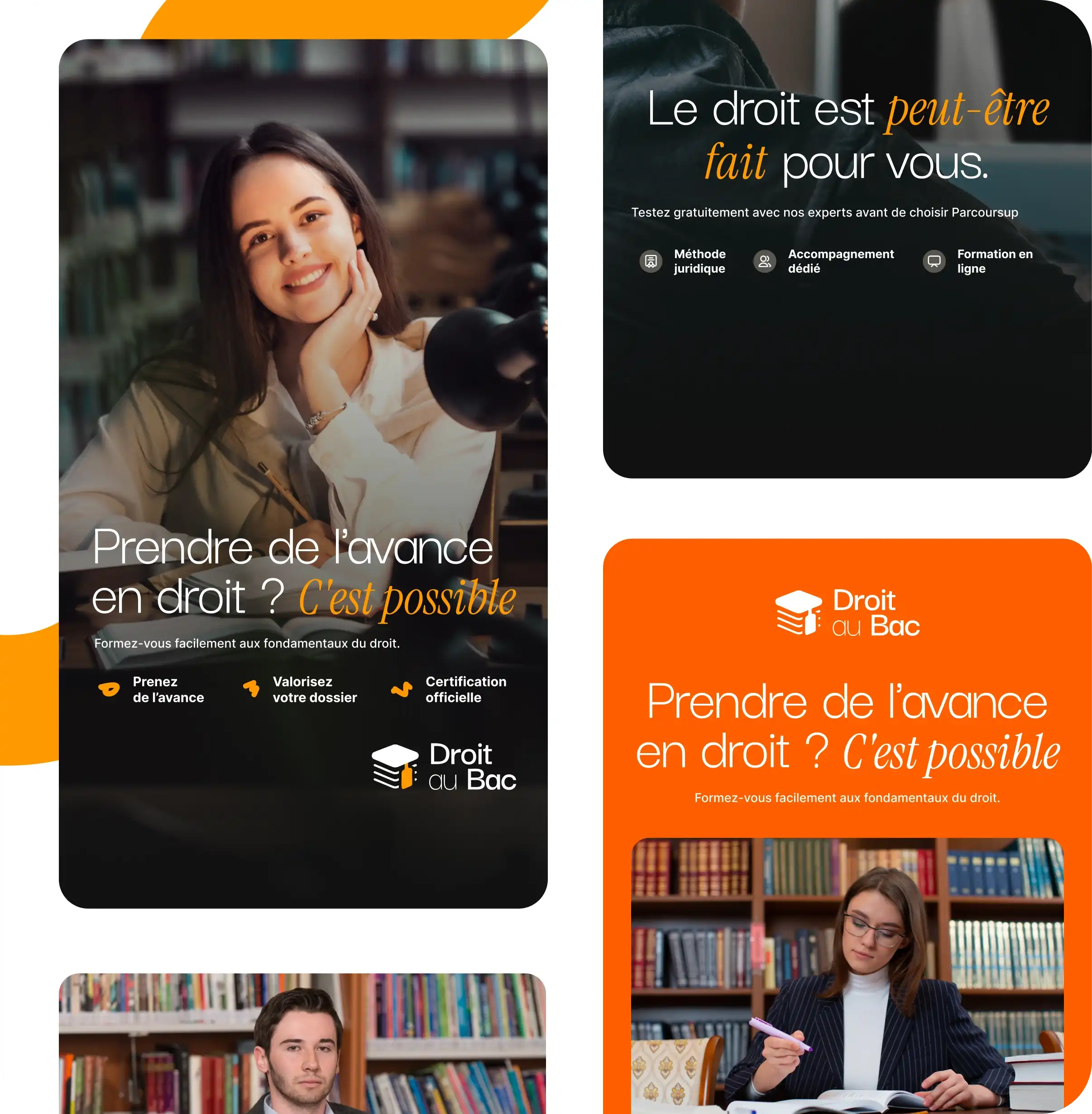 Publicité divisée en quatre sections avec des jeunes étudiants lisant et écrivant dans une bibliothèque, promouvant une formation en droit appelée Droit au Bac.
