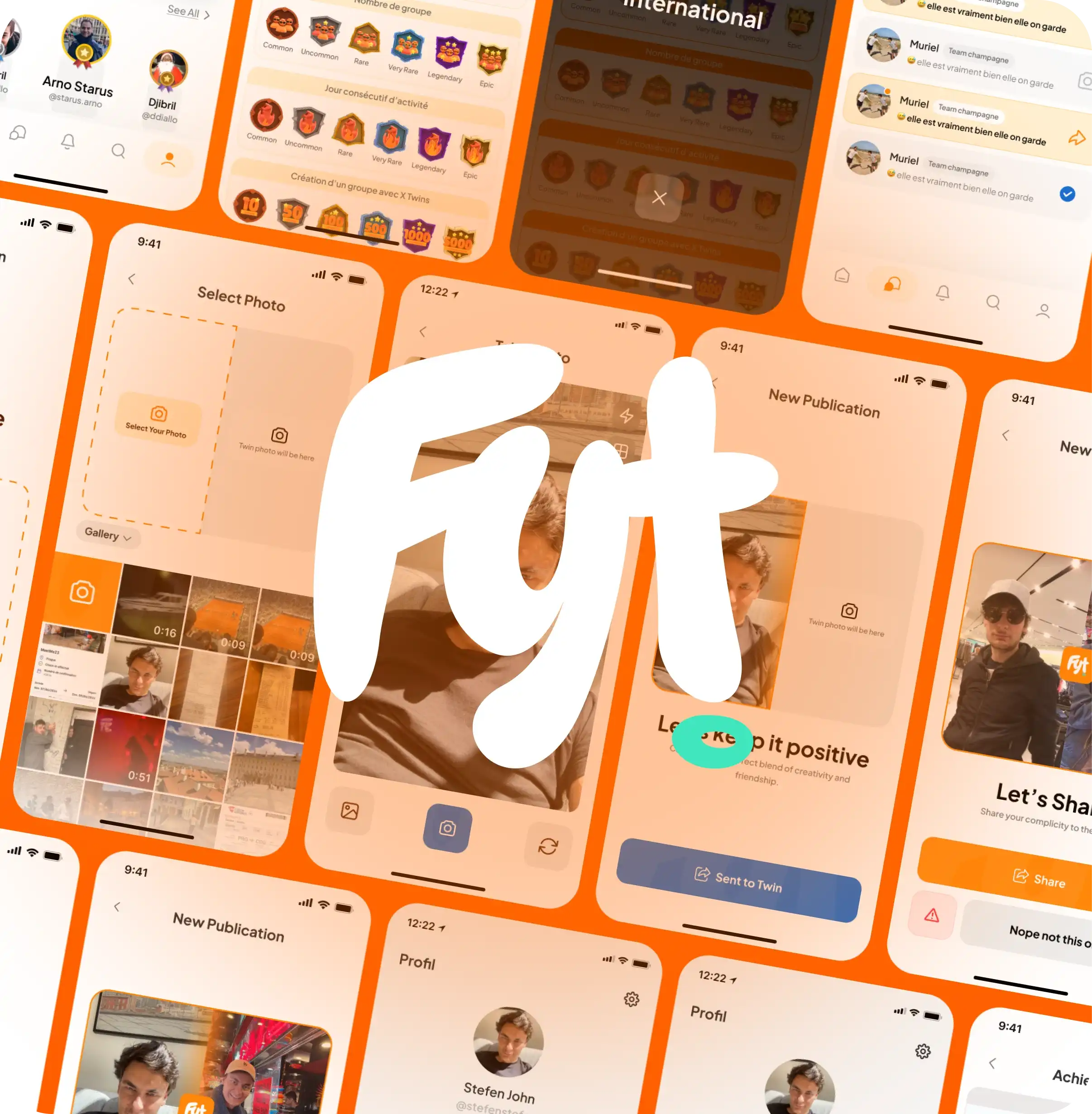 Écrans d'interface d'application mobile Fyt montrant sélection de photo, publication, profil utilisateur et récompenses sur fond orange.