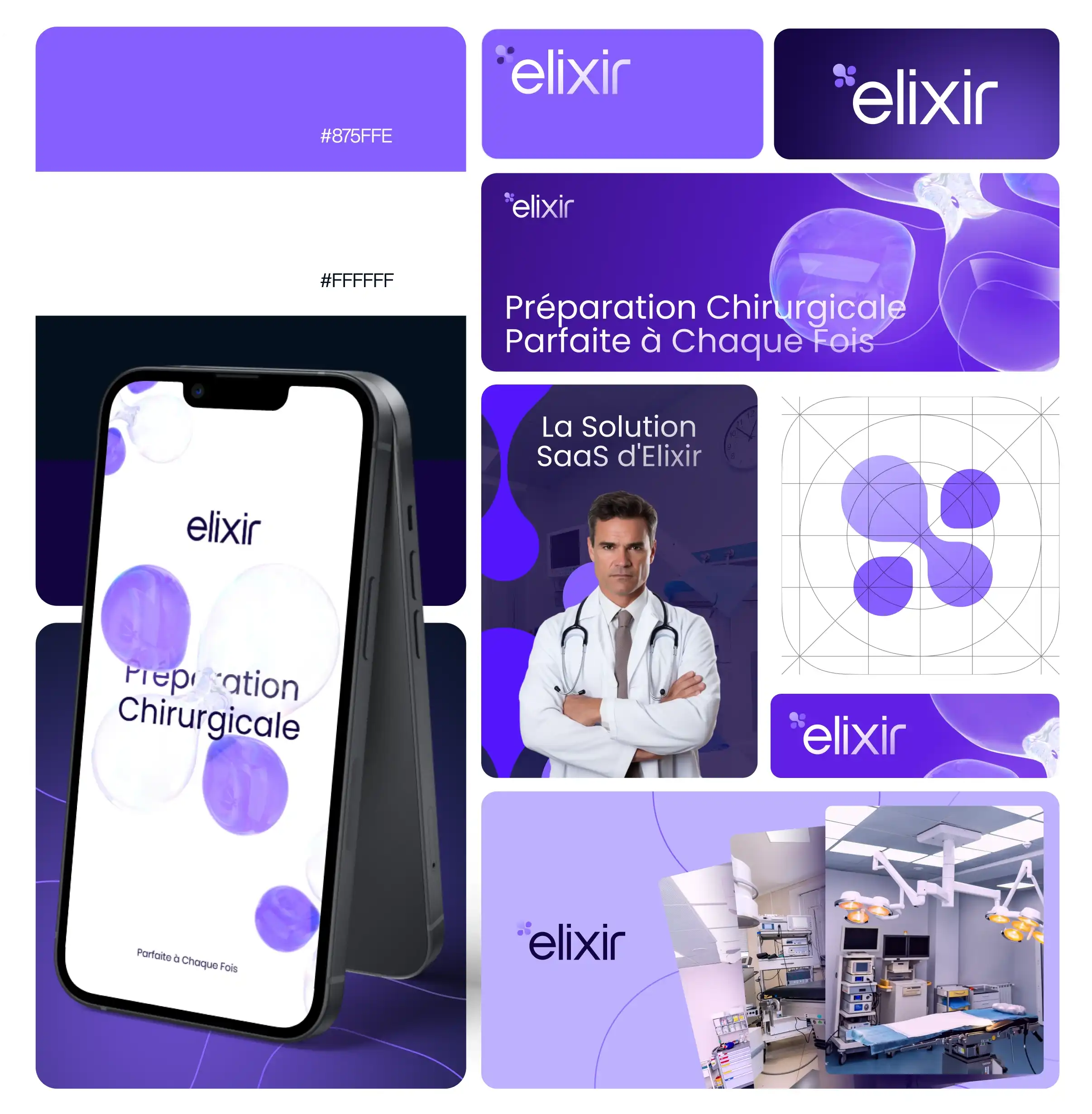 Présentation visuelle de la marque Elixir avec des logos, un médecin en blouse blanche, un smartphone affichant une application de préparation chirurgicale, et des images de salle d'opération modernes.