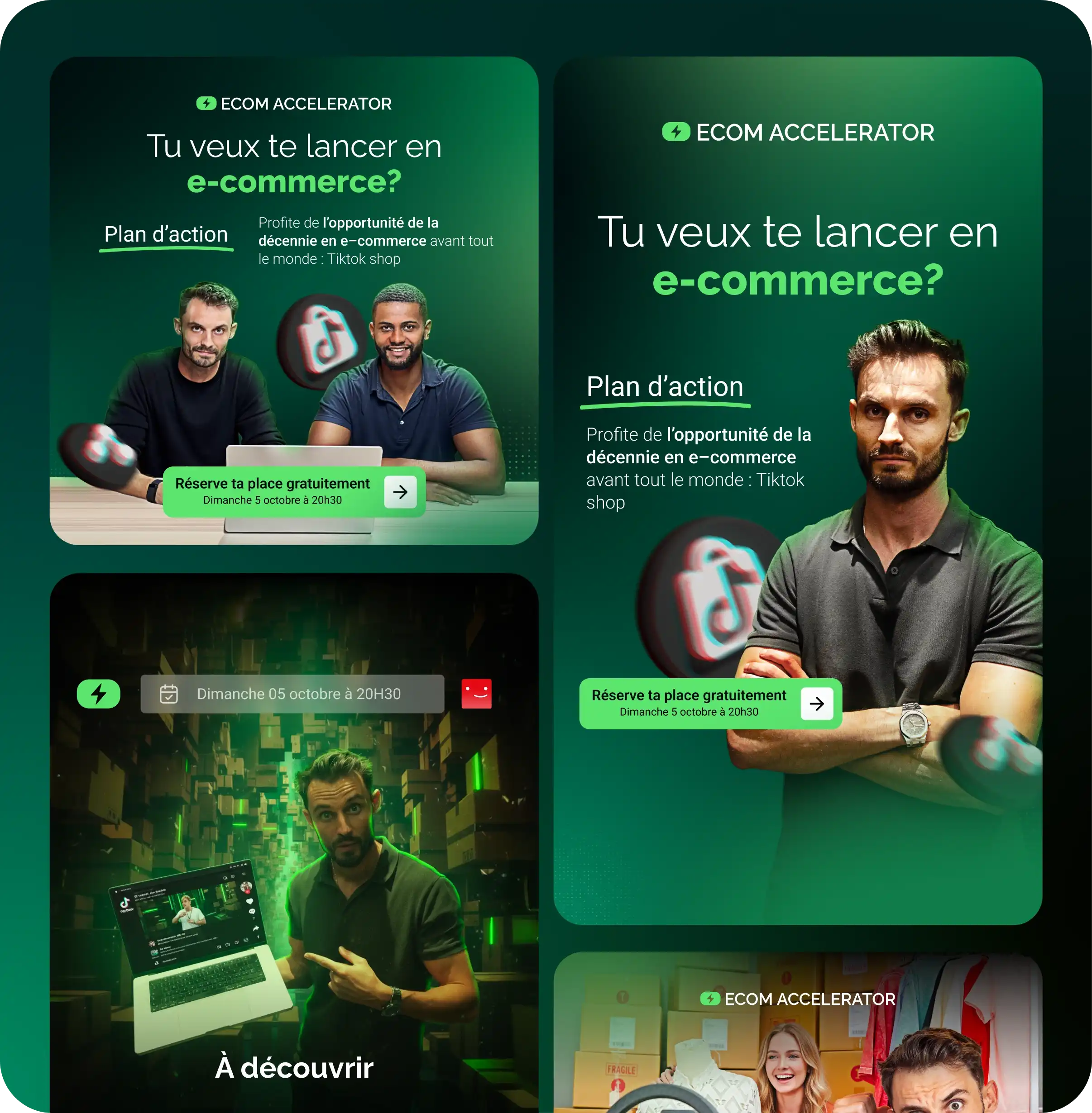 Publicité Ecom Accelerator pour lancer en e-commerce avec plan d'action et invitation à réserver une place gratuite le dimanche 5 octobre à 20h30.