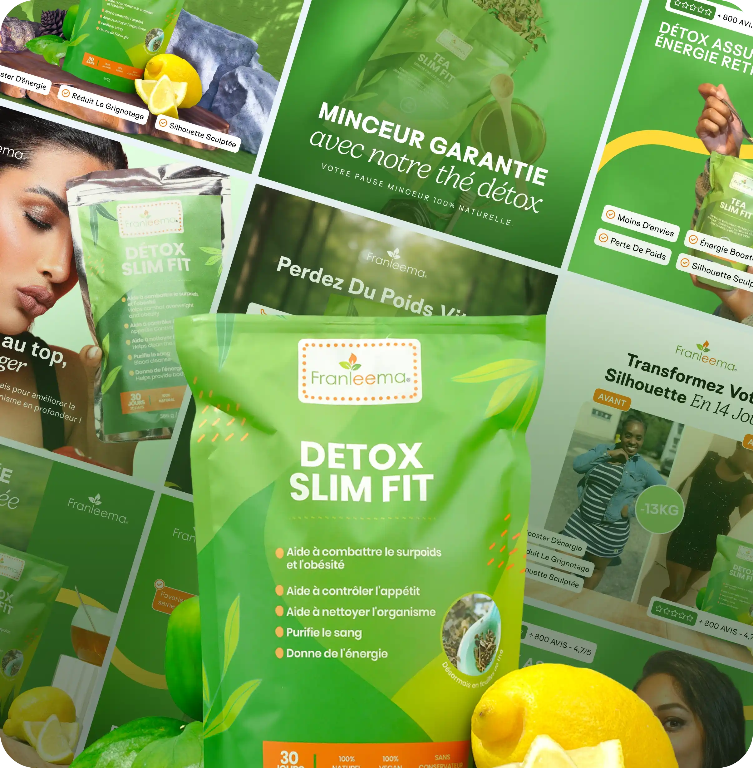Paquet vert de thé Franleema Detox Slim Fit avec citrons et textes promotionnels en arrière-plan sur la perte de poids et la silhouette sculptée.