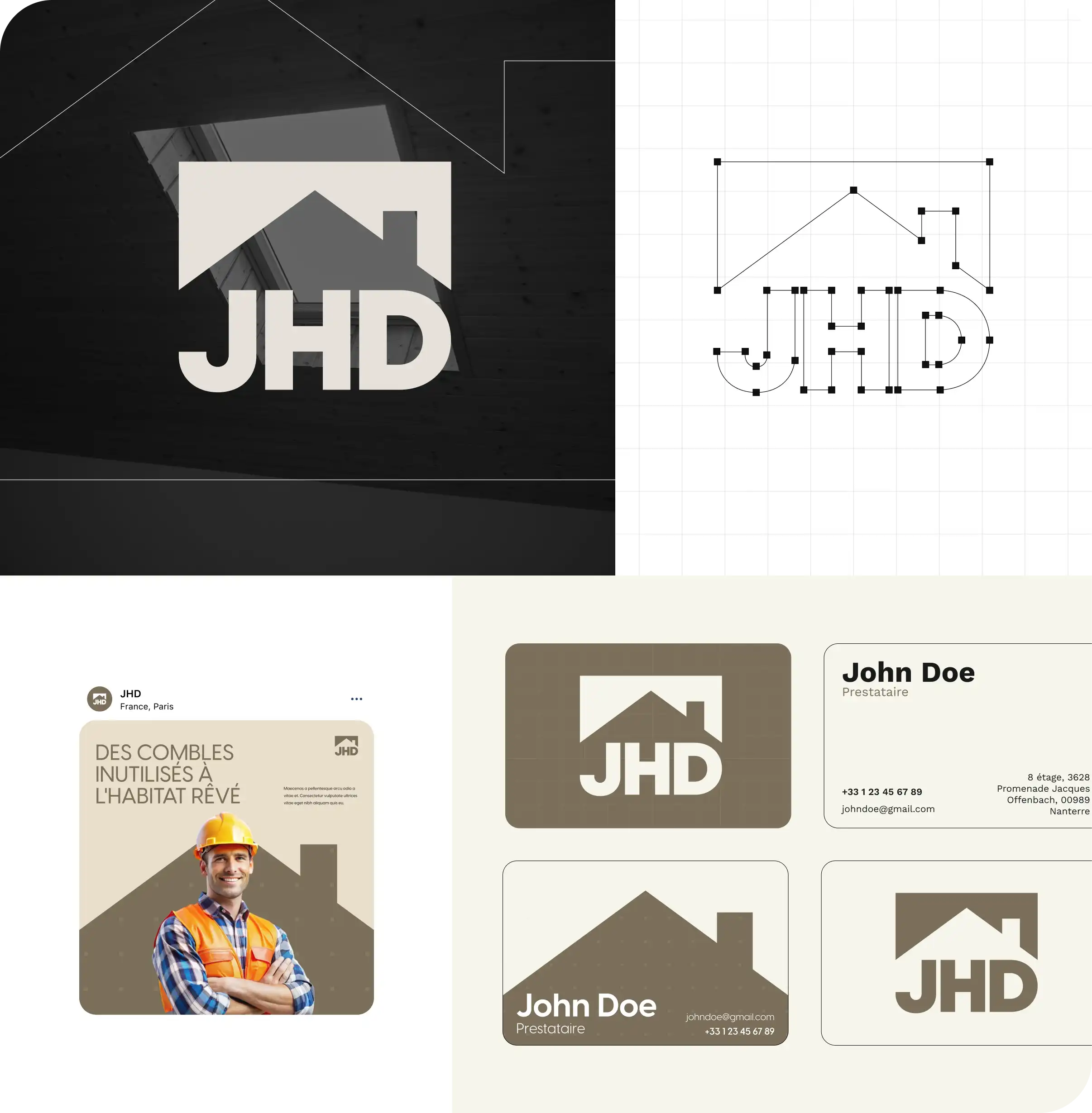 Présentation de l'identité visuelle de la marque JHD avec un logo maison stylisée, un exemple de post Instagram avec un ouvrier du bâtiment, et plusieurs cartes de visite professionnelles.
