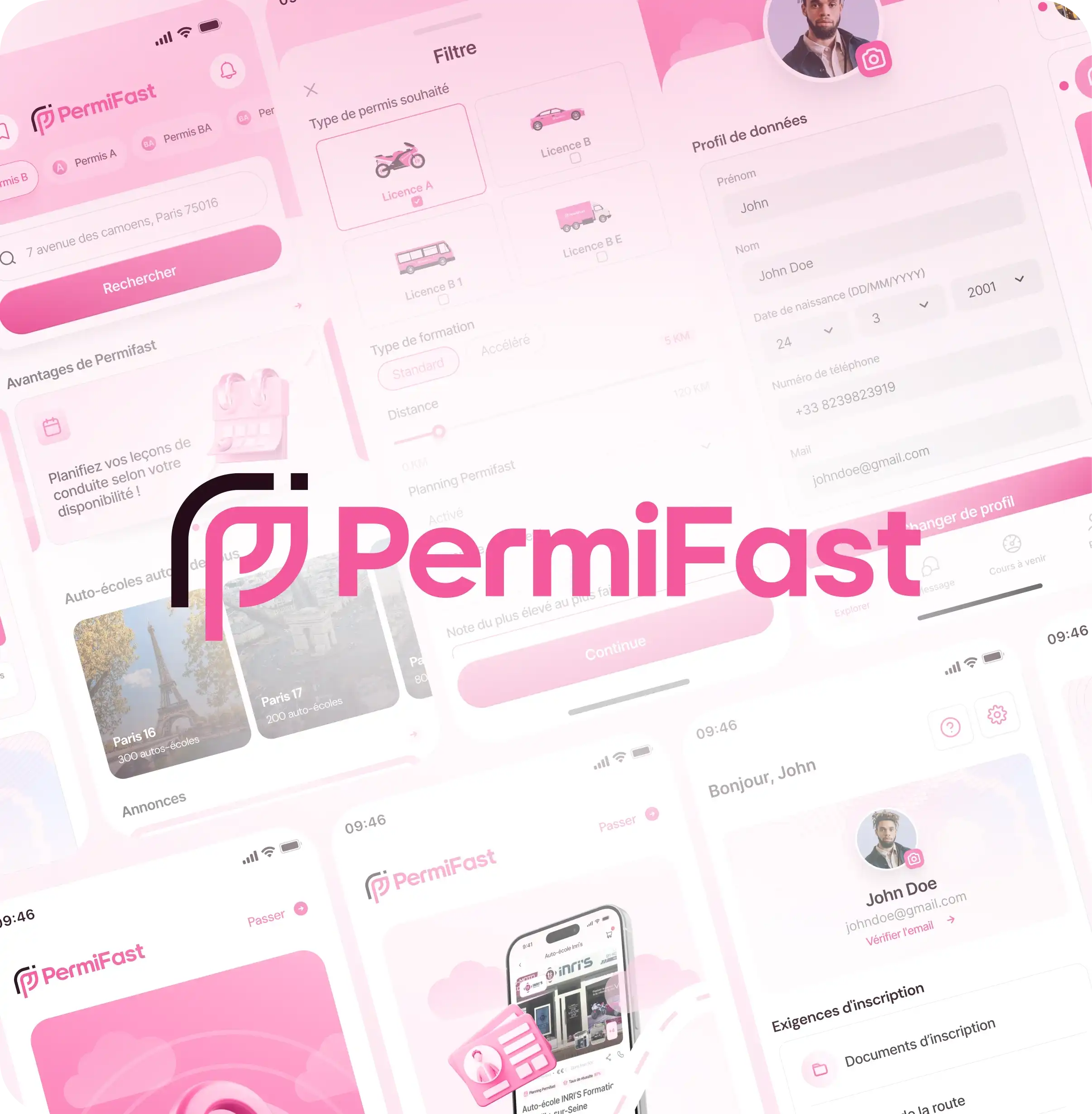 Logo PermiFast sur un arrière-plan d'écrans d'application mobile montrant des fonctions de recherche, profil utilisateur, filtres et avantages liés aux permis de conduire.