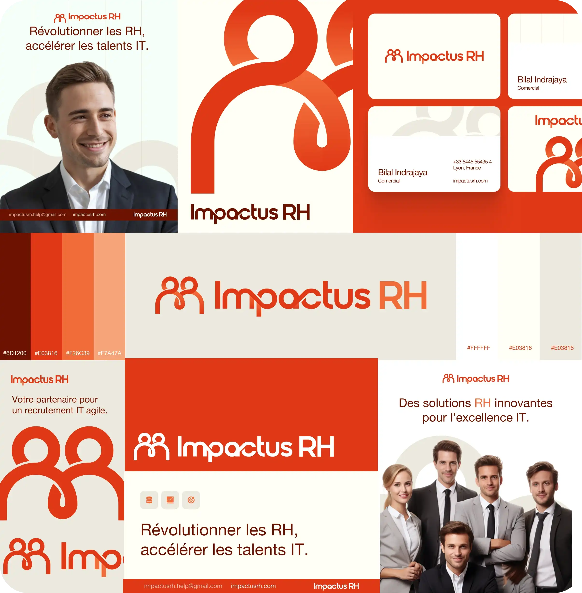 Collage présentant la marque Impactus RH avec logo, chartes de couleurs, cartes de visite, slogans sur le recrutement agile IT et photos d'hommes et femmes d'affaires souriants.