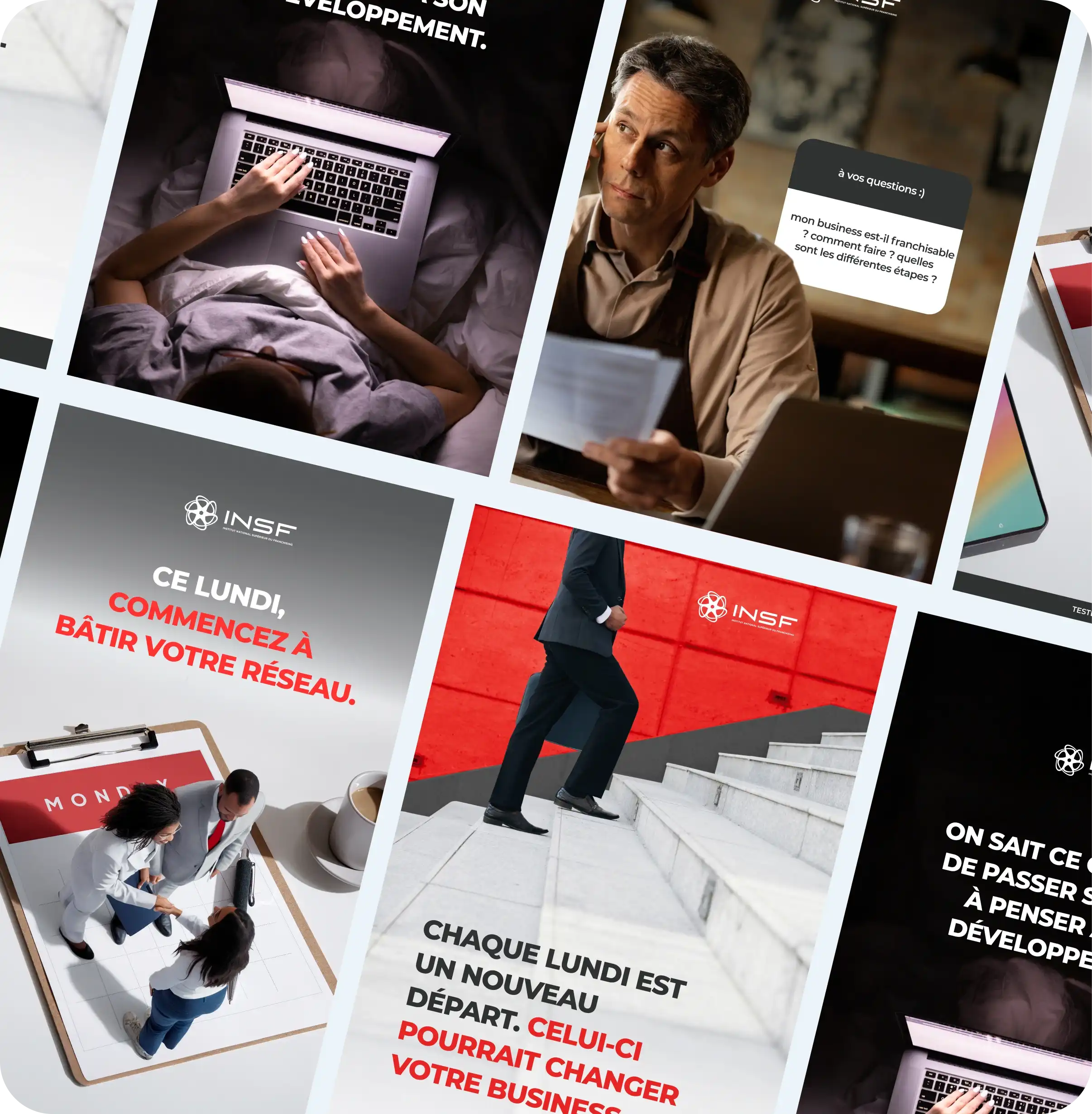 Collage montrant des professionnels travaillant avec un ordinateur portable, une équipe se serrant la main sur un calendrier avec une tasse de café, et un homme d'affaires montant des escaliers, avec des textes motivants sur le développement de réseau et le changement d'activités chaque lundi.