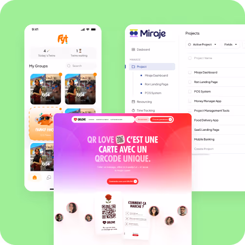 Exemples d'interfaces utilisateur pour une application de jumelage, un tableau de bord de gestion de projet nommé Mirage, et une page web promouvant une carte QR unique appelée QR LOVE.