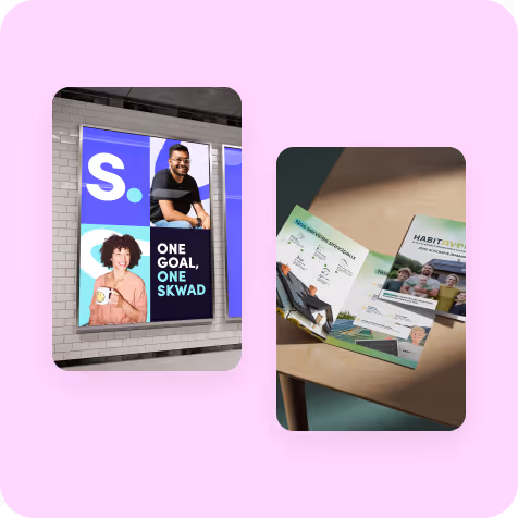 Affiche murale avec le slogan 'One Goal, One Skwad' et photos de deux personnes, à côté de brochures sur une table dont une intitulée Habit-Avenue.