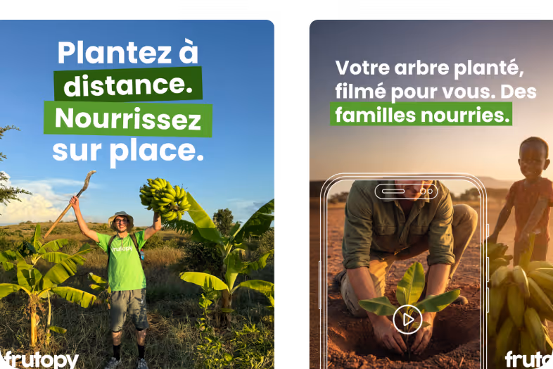 Homme en t-shirt vert tenant une banane dans une plantation avec le texte sur la plantation à distance et alimentation sur place; un homme plante un arbre filmé sur un téléphone avec un enfant en arrière-plan, accompagné du texte sur arbre planté filmé et familles nourries.