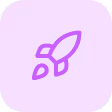 Icône d'une fusée stylisée violette sur un fond carré violet clair aux coins arrondis.
