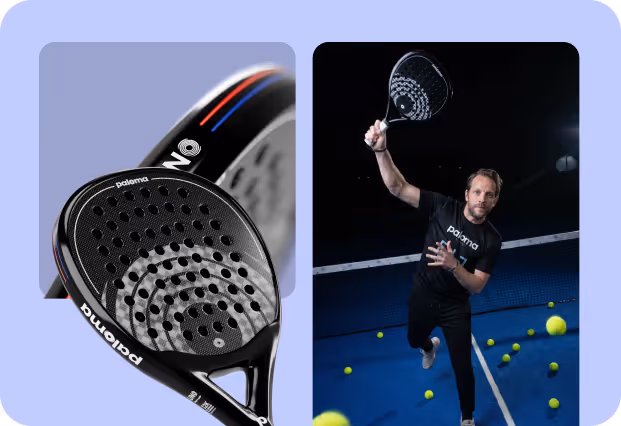 Un joueur de padel en tenue noire tenant une raquette Paloma sur un court bleu avec plusieurs balles jaunes éparpillées.