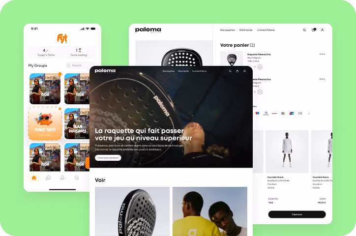 Three overlapping screens showing a padel app interface, a website homepage featuring Paloma padel rackets, and a shopping cart page with padel equipment.