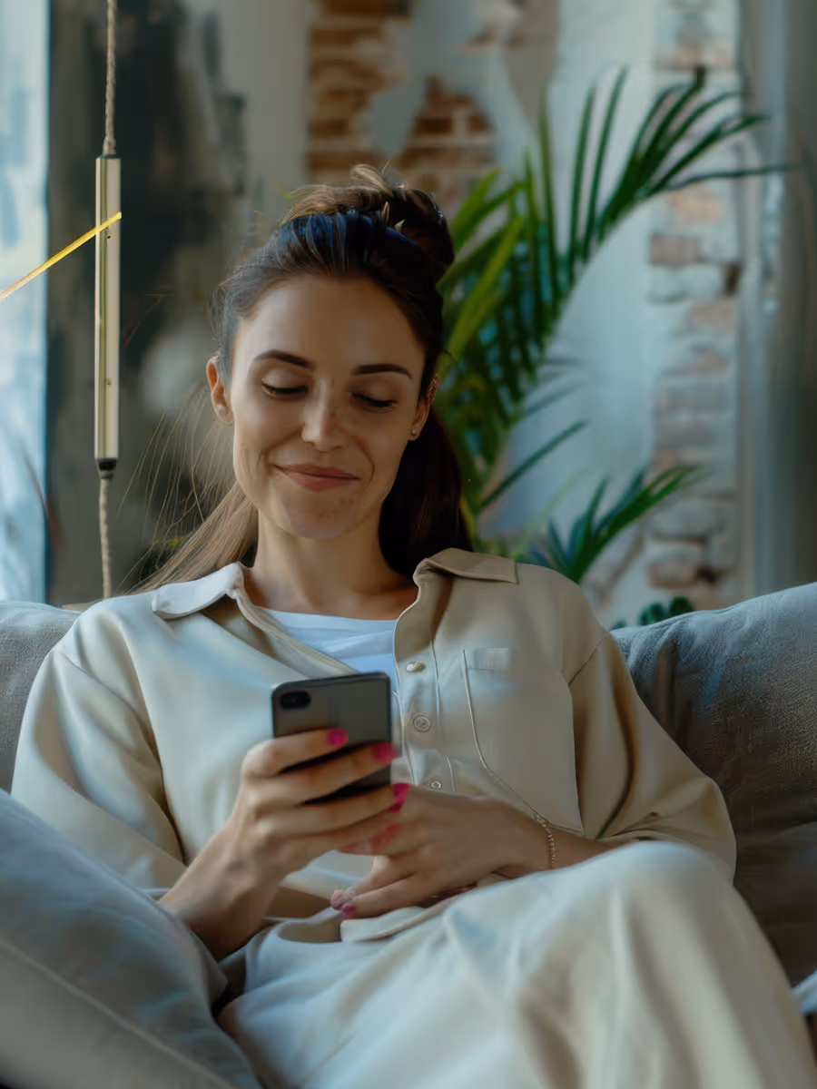 Femme souriante assise dans un fauteuil, regardant son téléphone portable dans un salon avec plantes et mur en briques.
