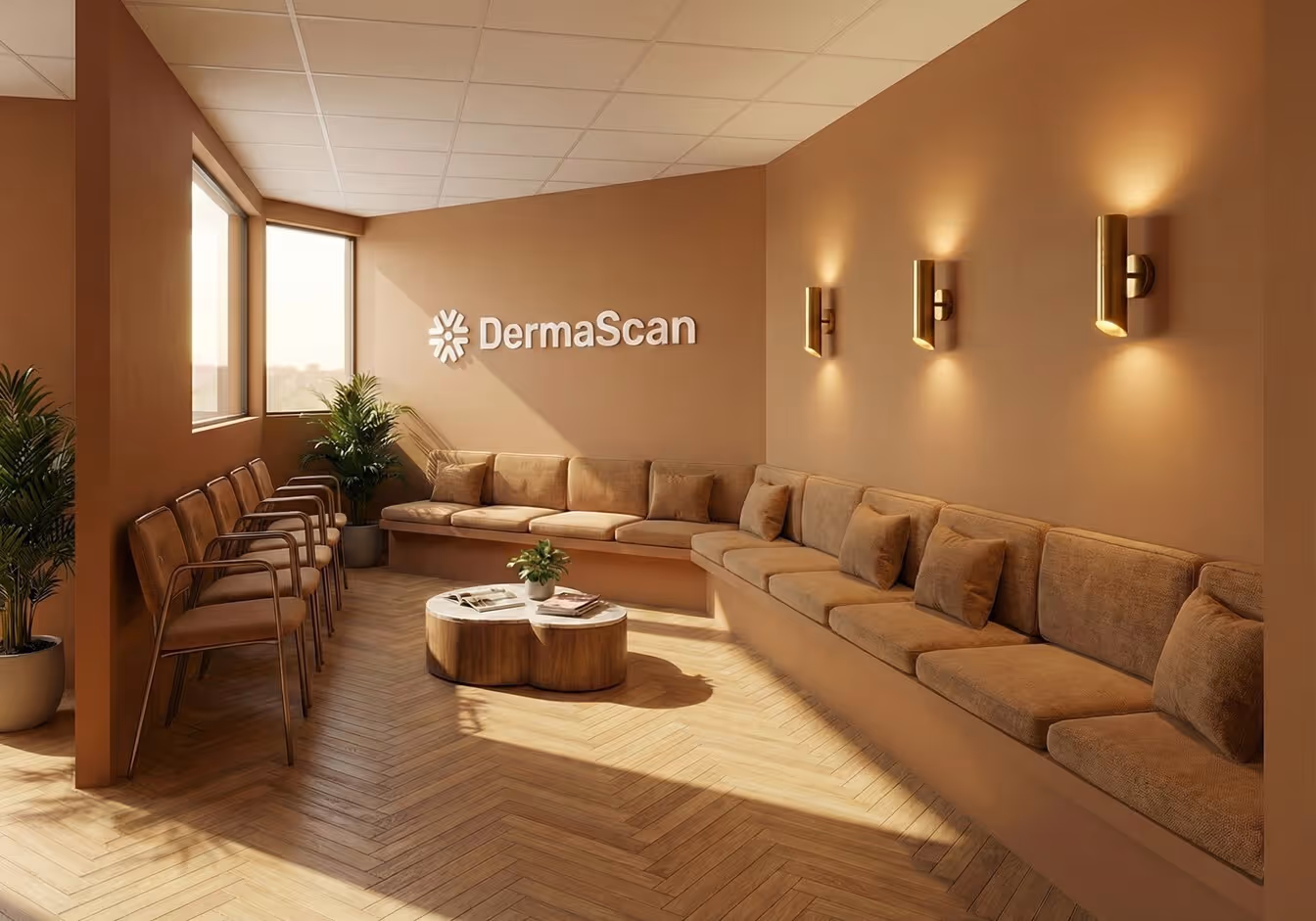 Salle d'attente lumineuse avec un canapé d'angle beige, plusieurs chaises en bois, une table basse en bois avec plantes, et le logo DermaScan sur le mur.