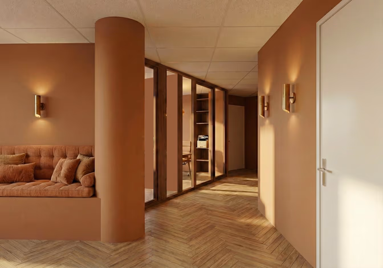 Salle lumineuse de cabinet médical avec table d'examen noire, tabouret à roulettes et lavabo moderne.