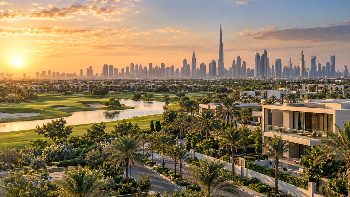 Villas and green parkland in Dubai Hills Estate, with the Downtown skyline behind