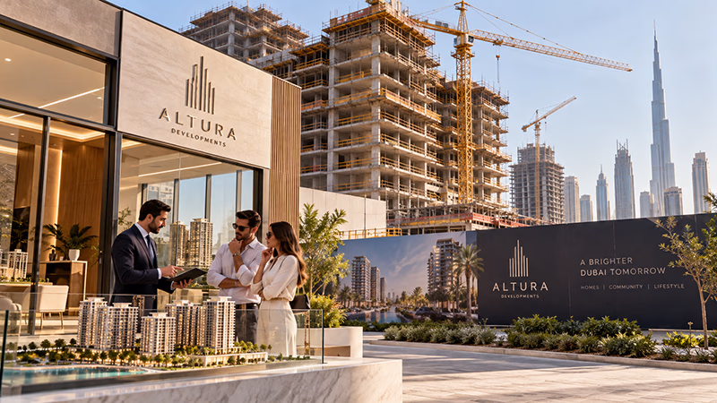 Two buyers and a broker look at a tower model outside a sales office, with a building under construction behind them