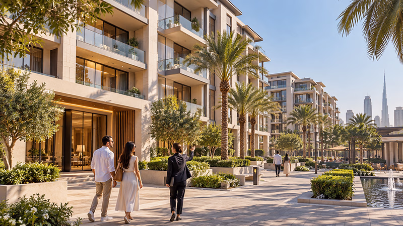 A buyer and a broker walk past a finished apartment building with palm trees and a view of the Dubai skyline