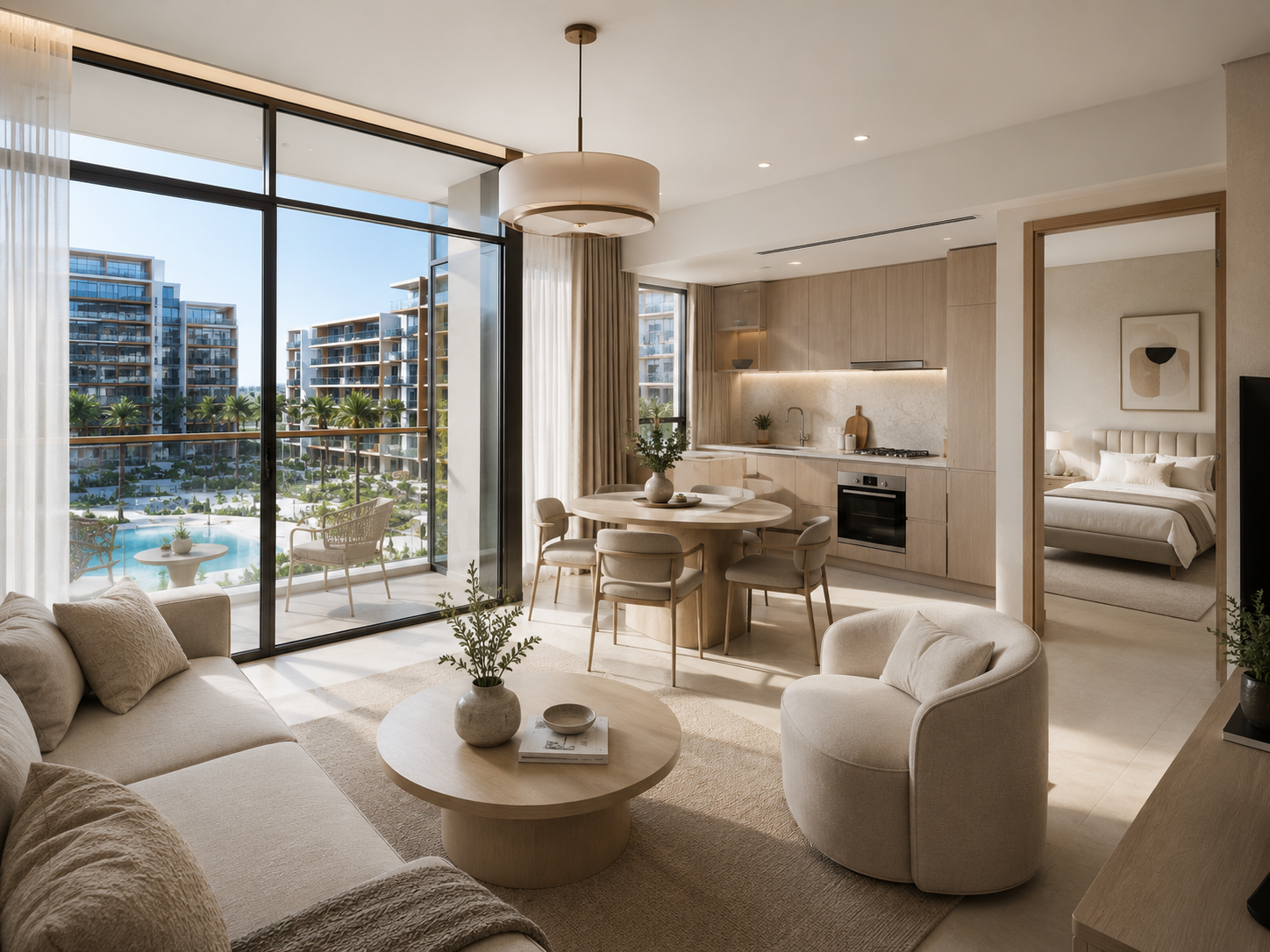 One-bedroom apartment in Azizi Riviera Dubai with modern open-plan living area, dining space and balcony view