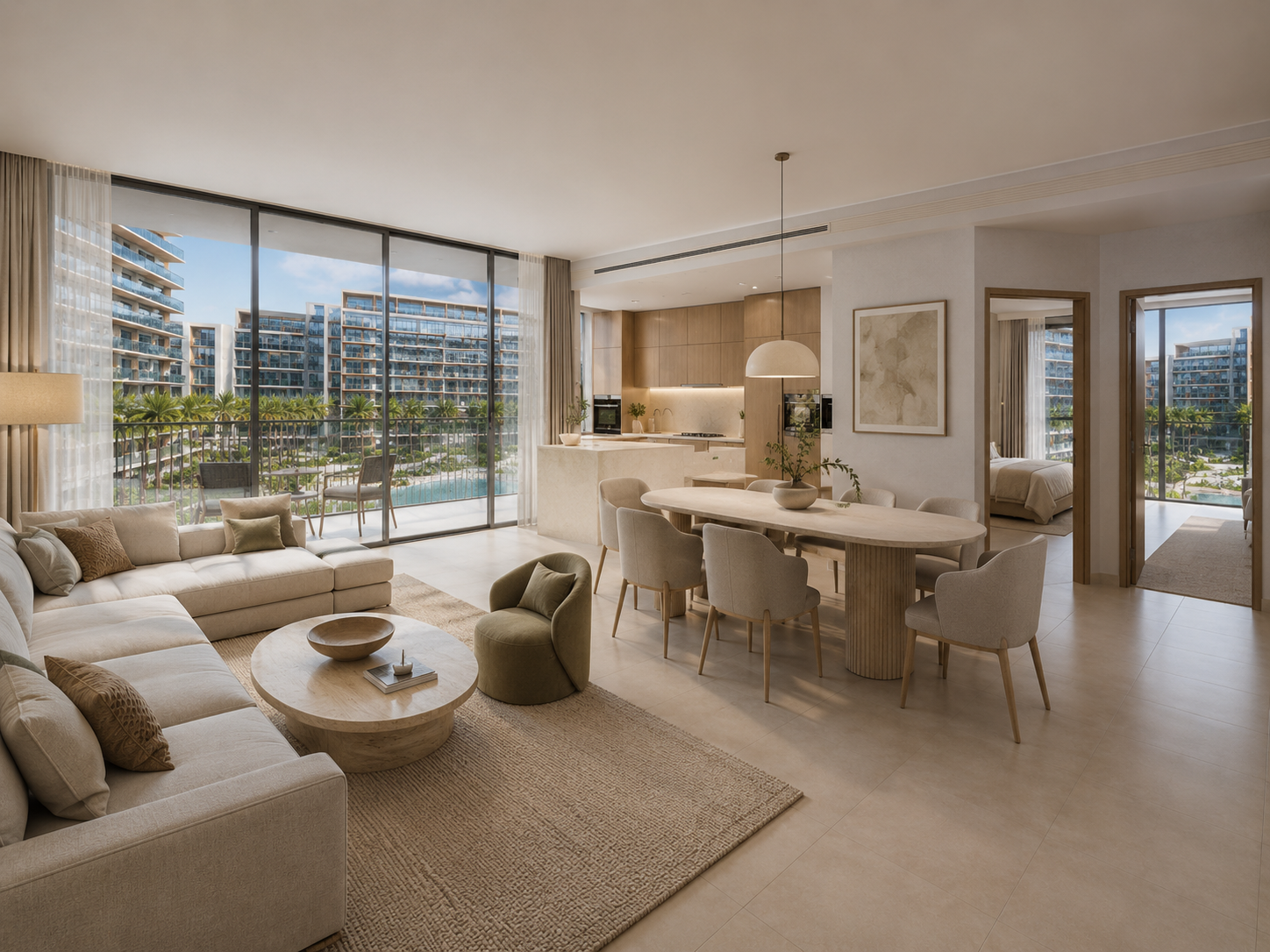 Two-bedroom apartment in Azizi Riviera Dubai with spacious living room, dining area and large balcony overlooking the community.