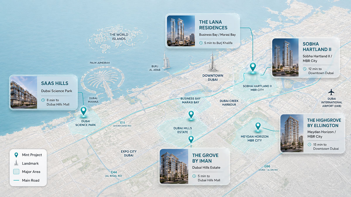 Map of premium Dubai residential projects by Sobha, Ellington, SAAS, OMNIYAT and IMAN