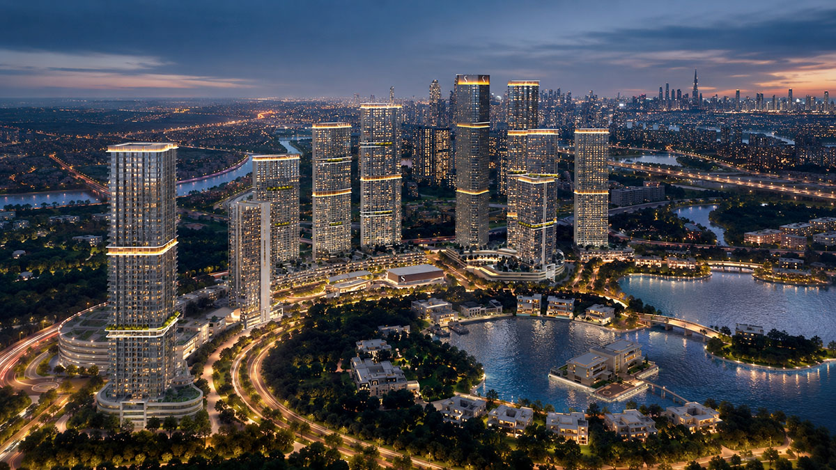 Sobha Hartland II waterfront promenade with greenery, pedestrian pathways and landscaped community spaces