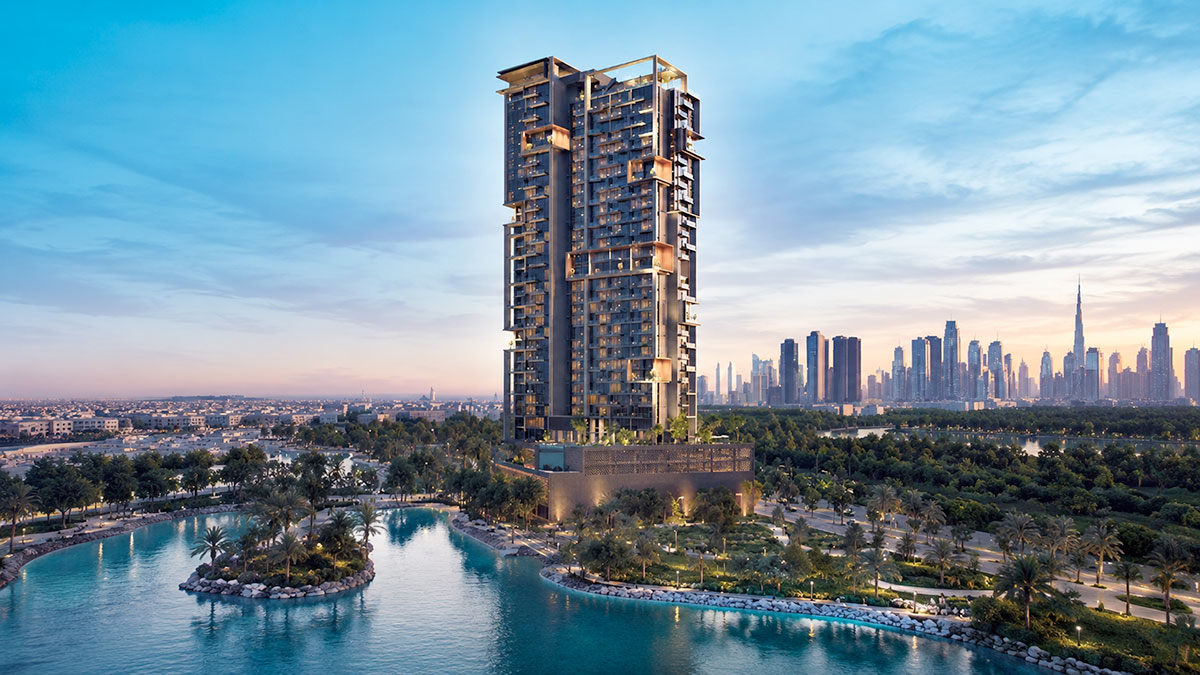 Balcony or elevated terrace view at The Highgrove overlooking the lagoon and Dubai skyline in Mohammed Bin Rashid City