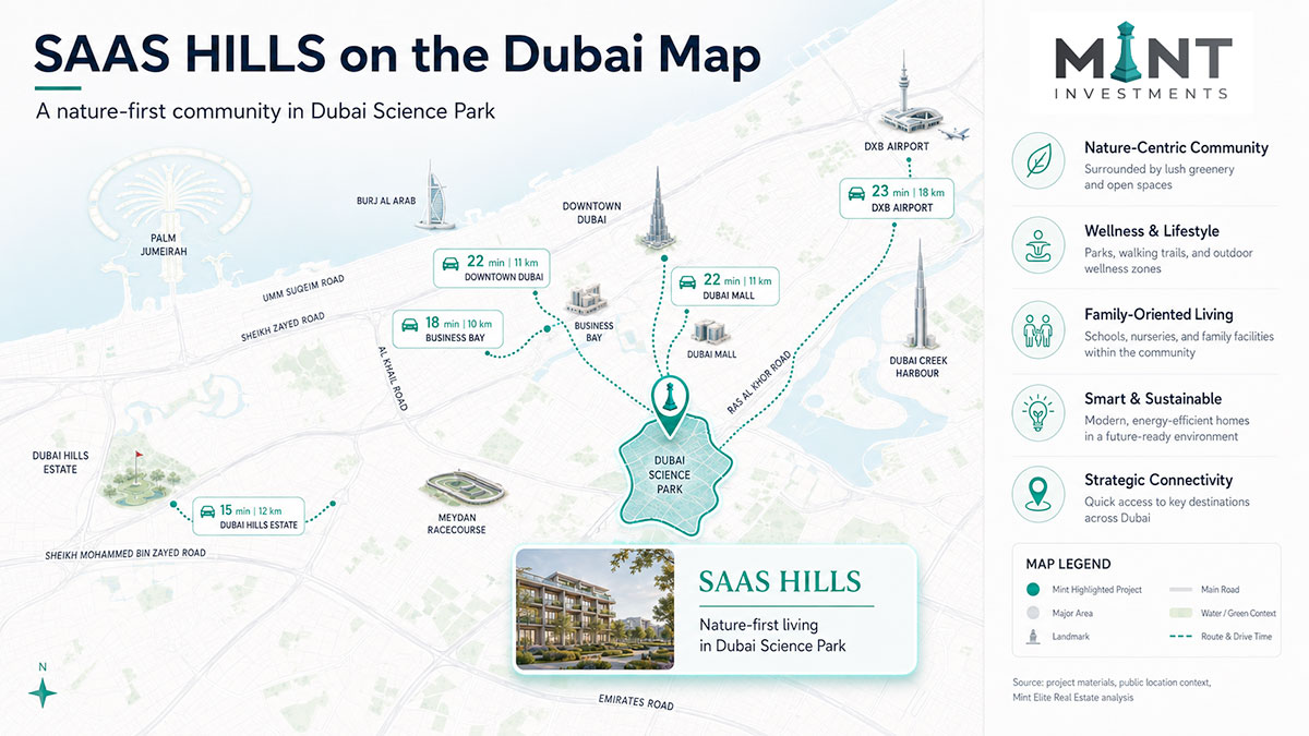 Exterior view of SAAS Hills in Dubai Science Park, showing the twin residential towers and the overall project composition