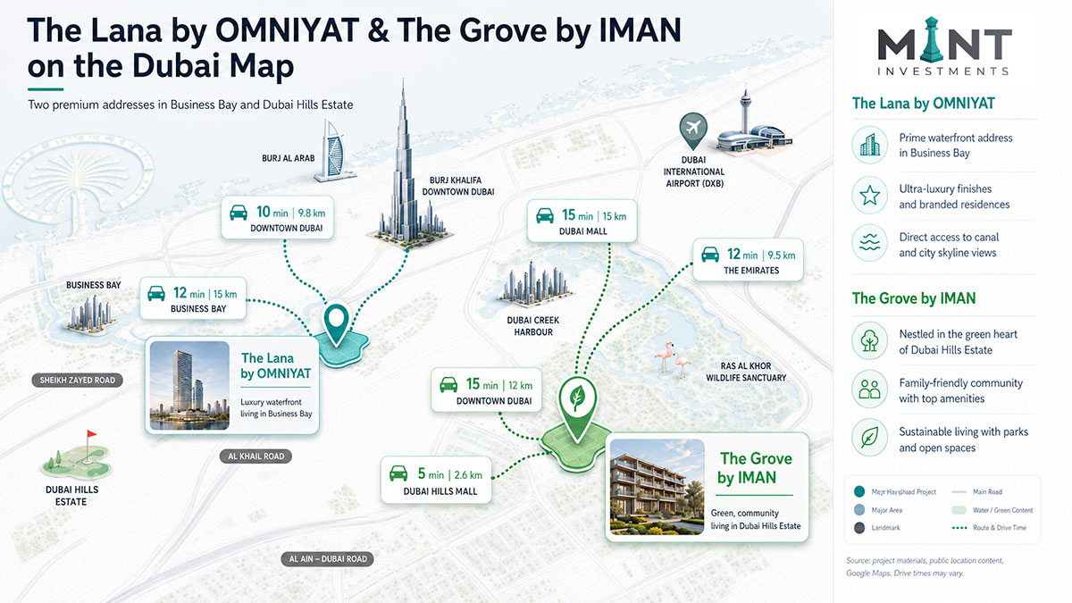 Map of Dubai showing The Lana by OMNIYAT in Business Bay and The Grove by IMAN in Dubai Hills Estate, with nearby landmarks, drive times and location context