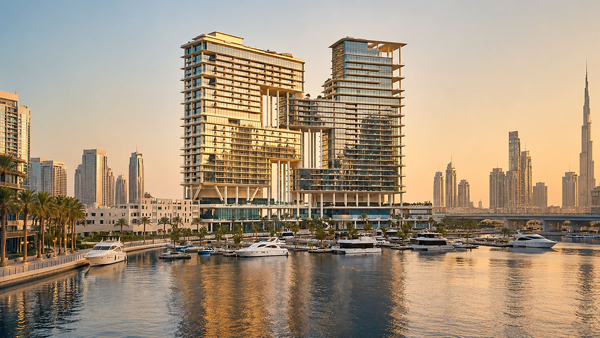 Exterior view of The Lana Residences by OMNIYAT and Dorchester Collection at Marasi Marina, showing the luxury waterfront towers and central Dubai skyline